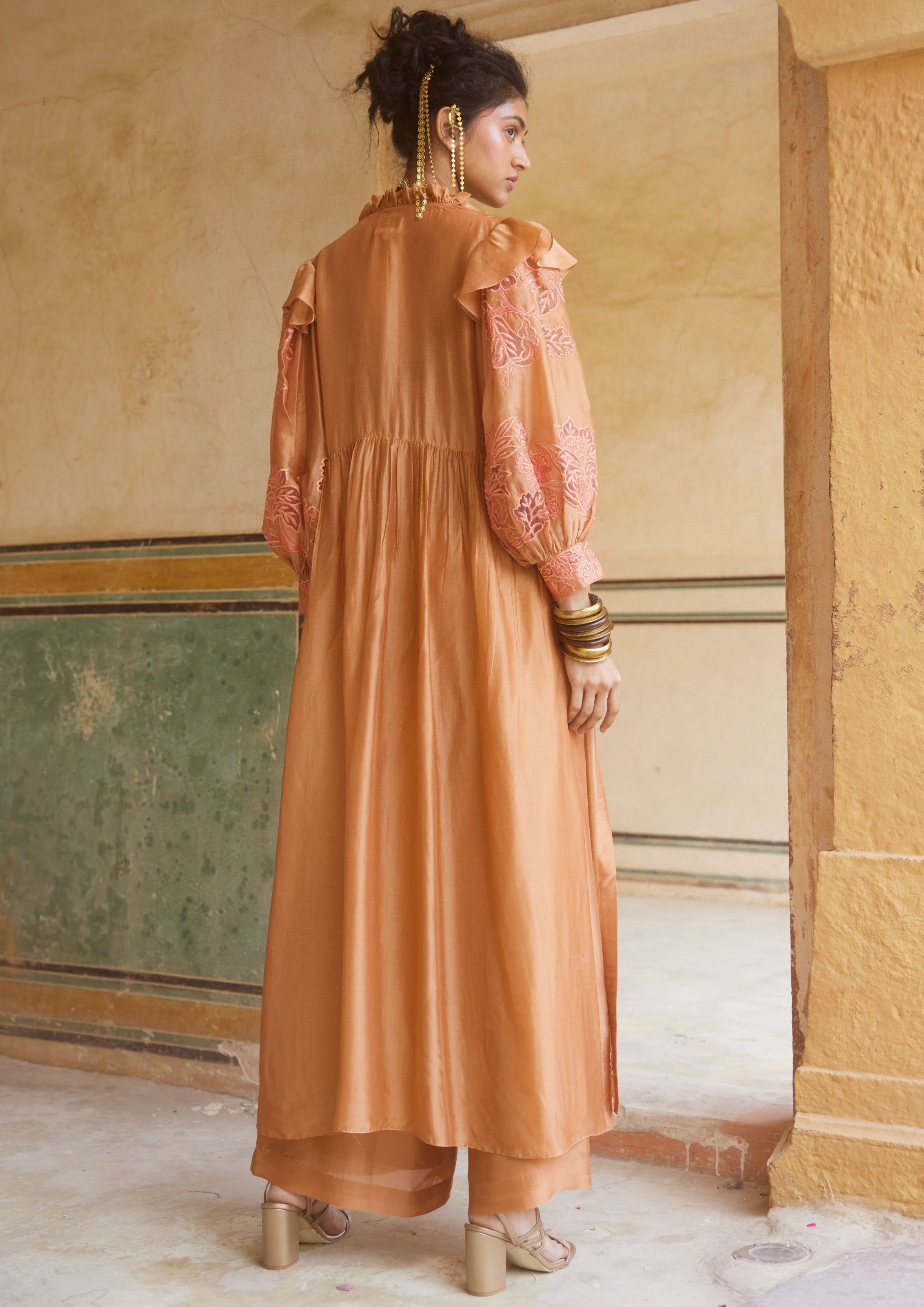 Peachy Orange Silk Organza Long Jacket and Trousers Set