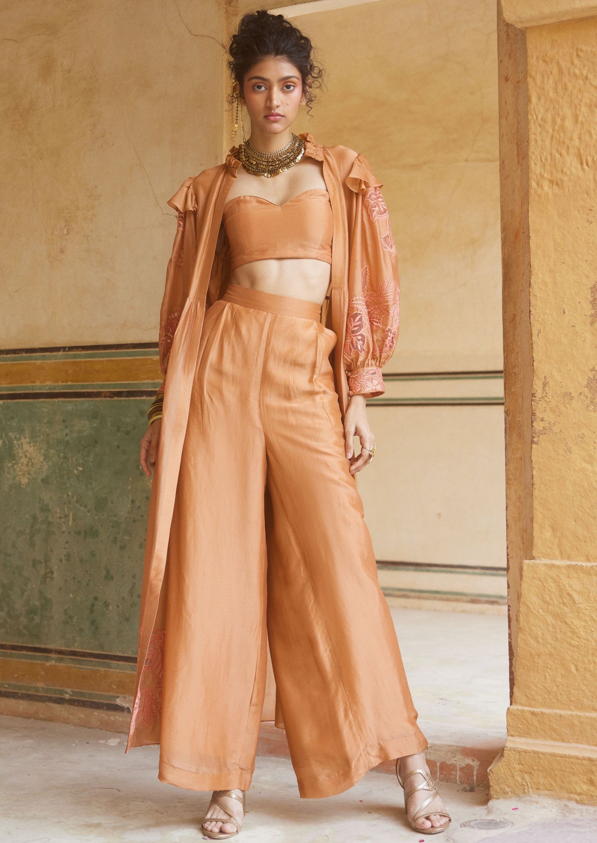 Peachy Orange Silk Organza Long Jacket and Trousers Set