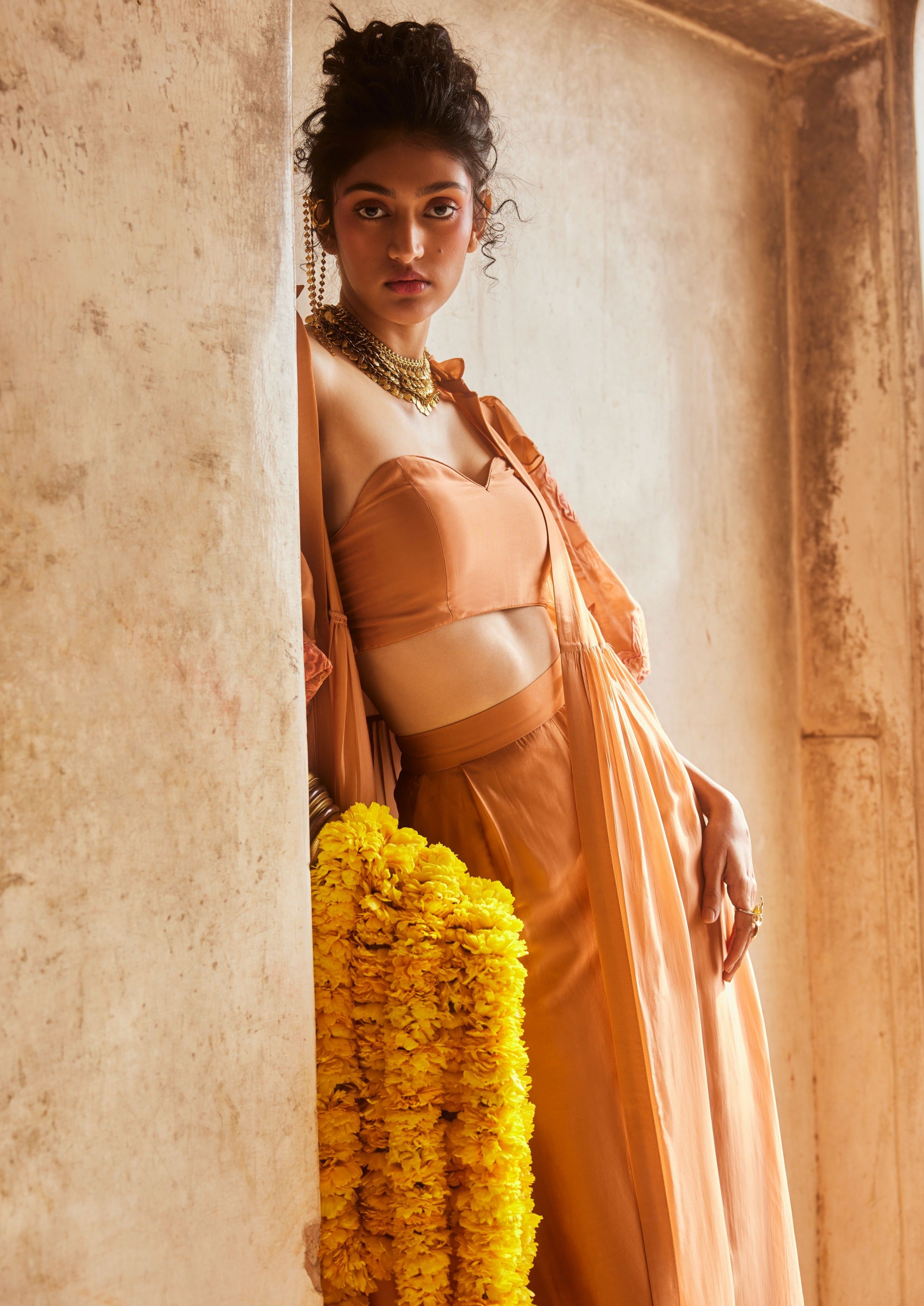 Peachy Orange Silk Organza Long Jacket and Trousers Set