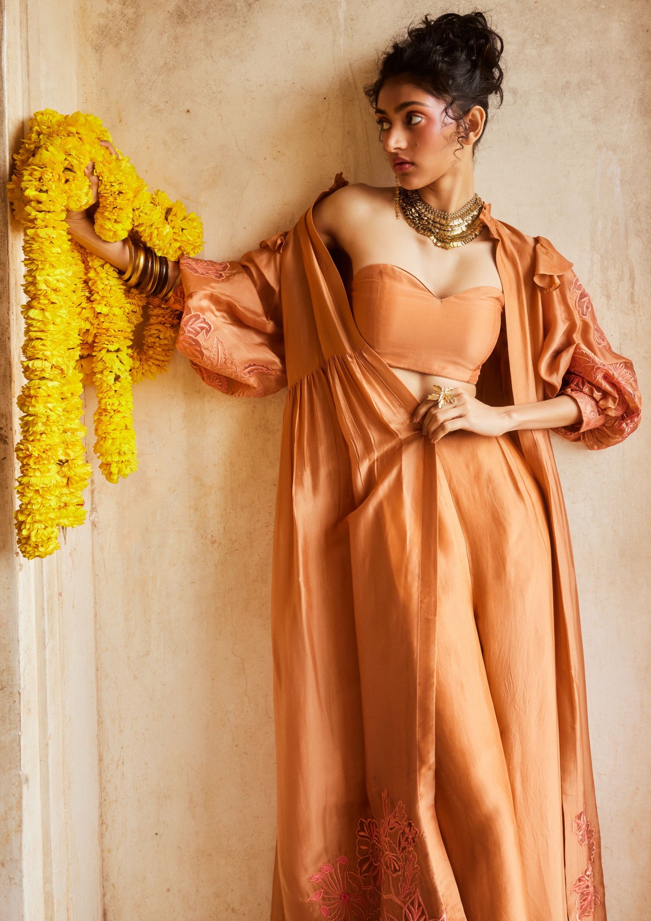 Peachy Orange Silk Organza Long Jacket and Trousers Set