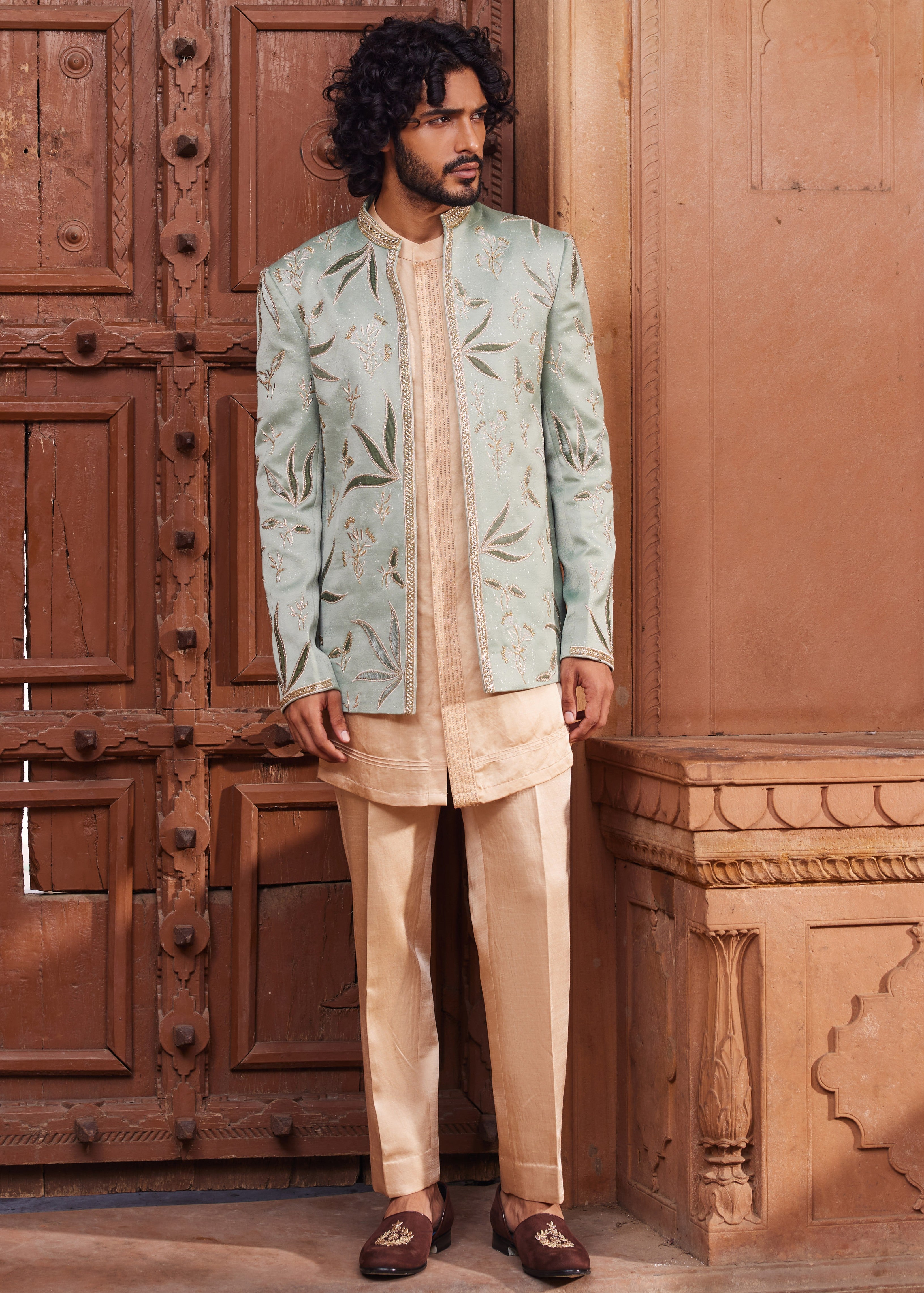 Sage Velvet Patch Jacket Set