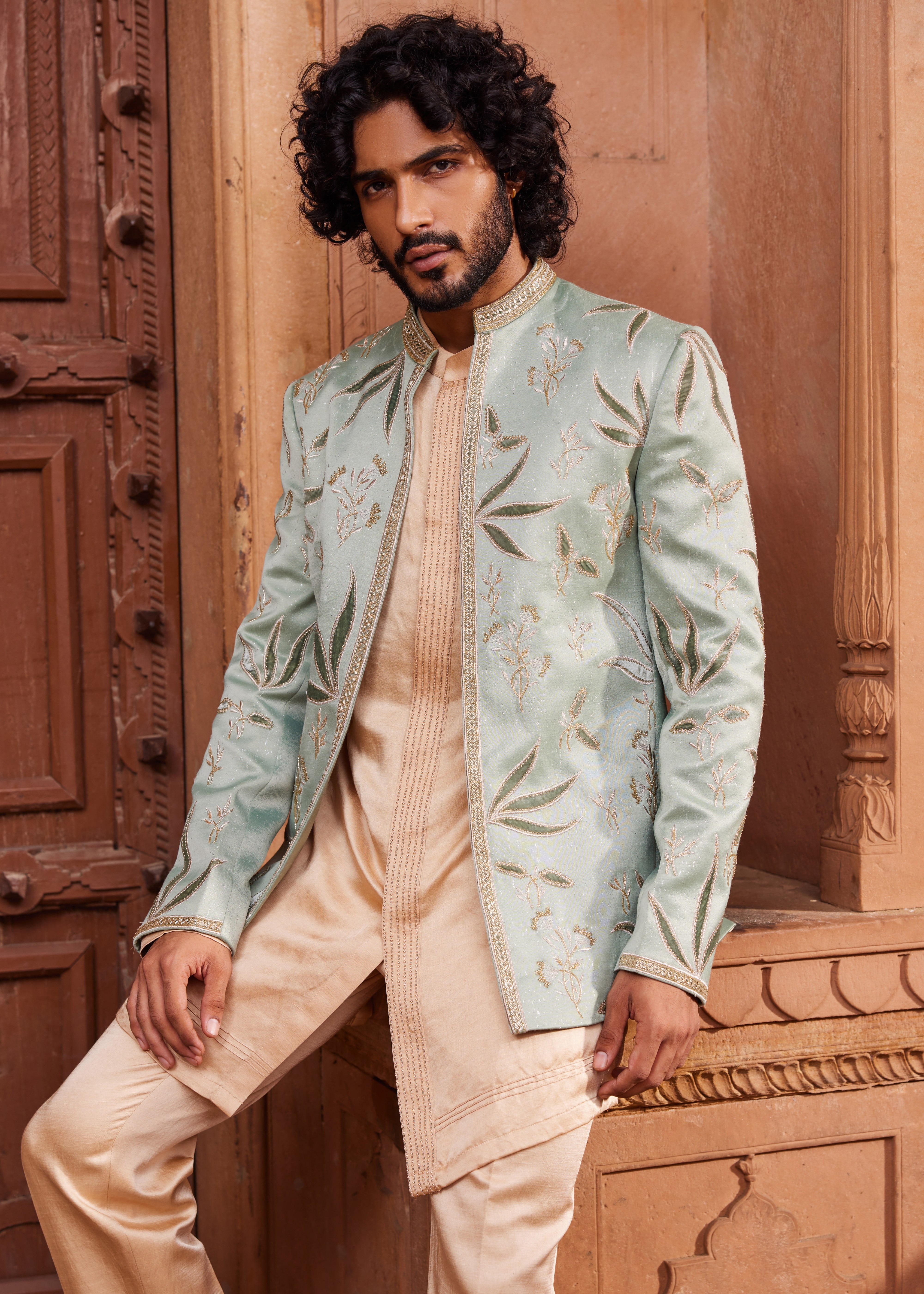 Sage Velvet Patch Jacket Set