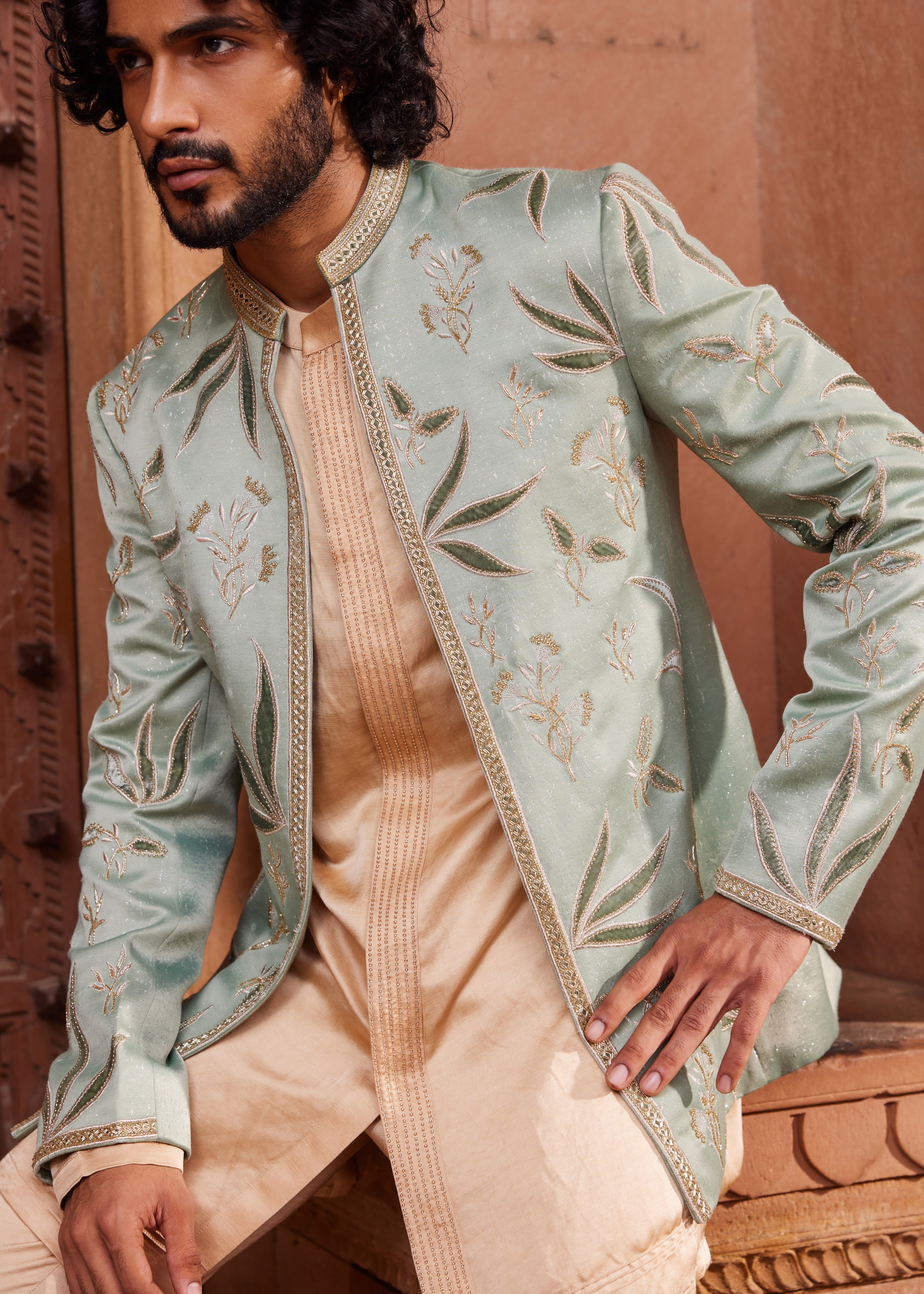 Sage Velvet Patch Jacket Set