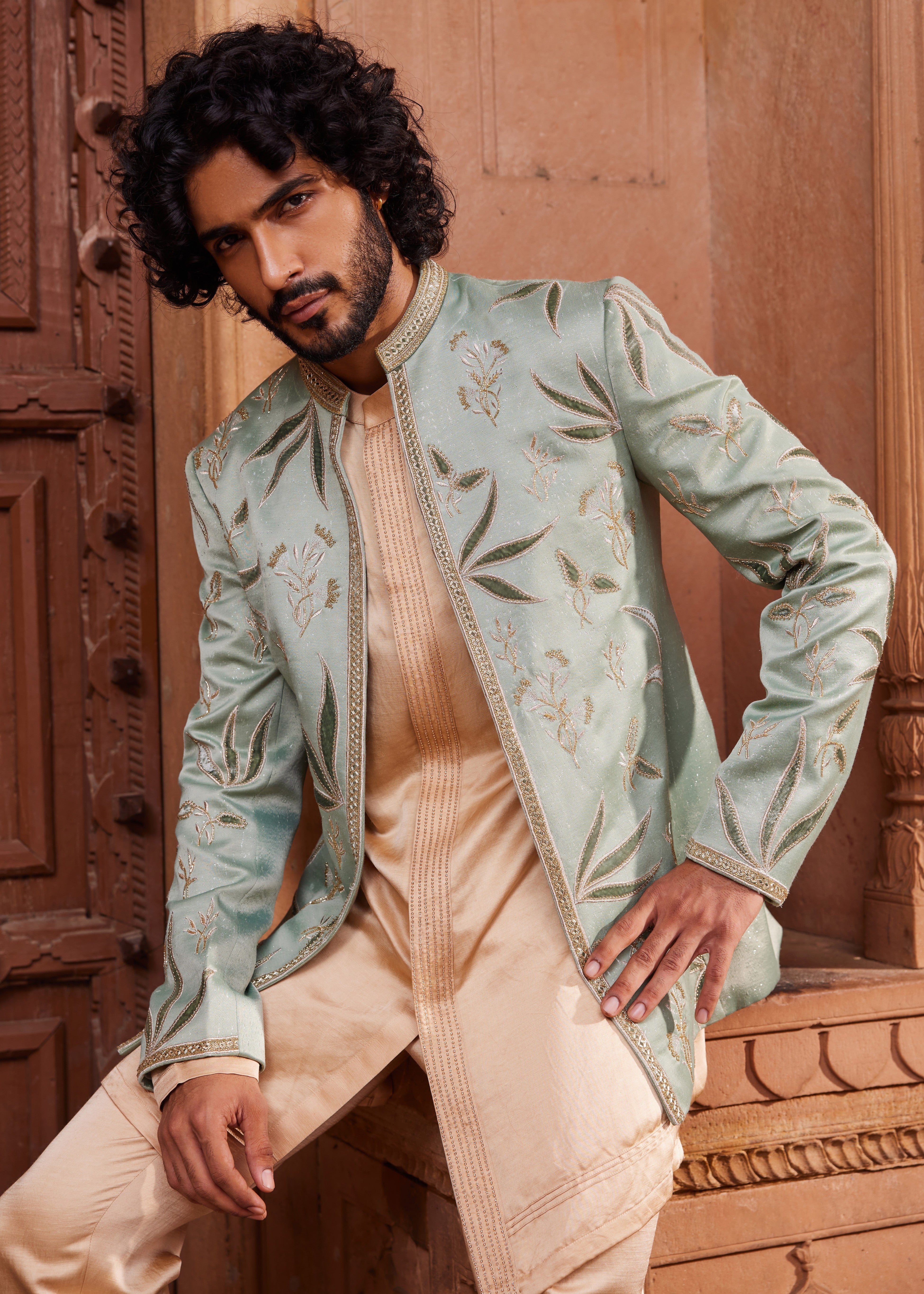 Sage Velvet Patch Jacket Set