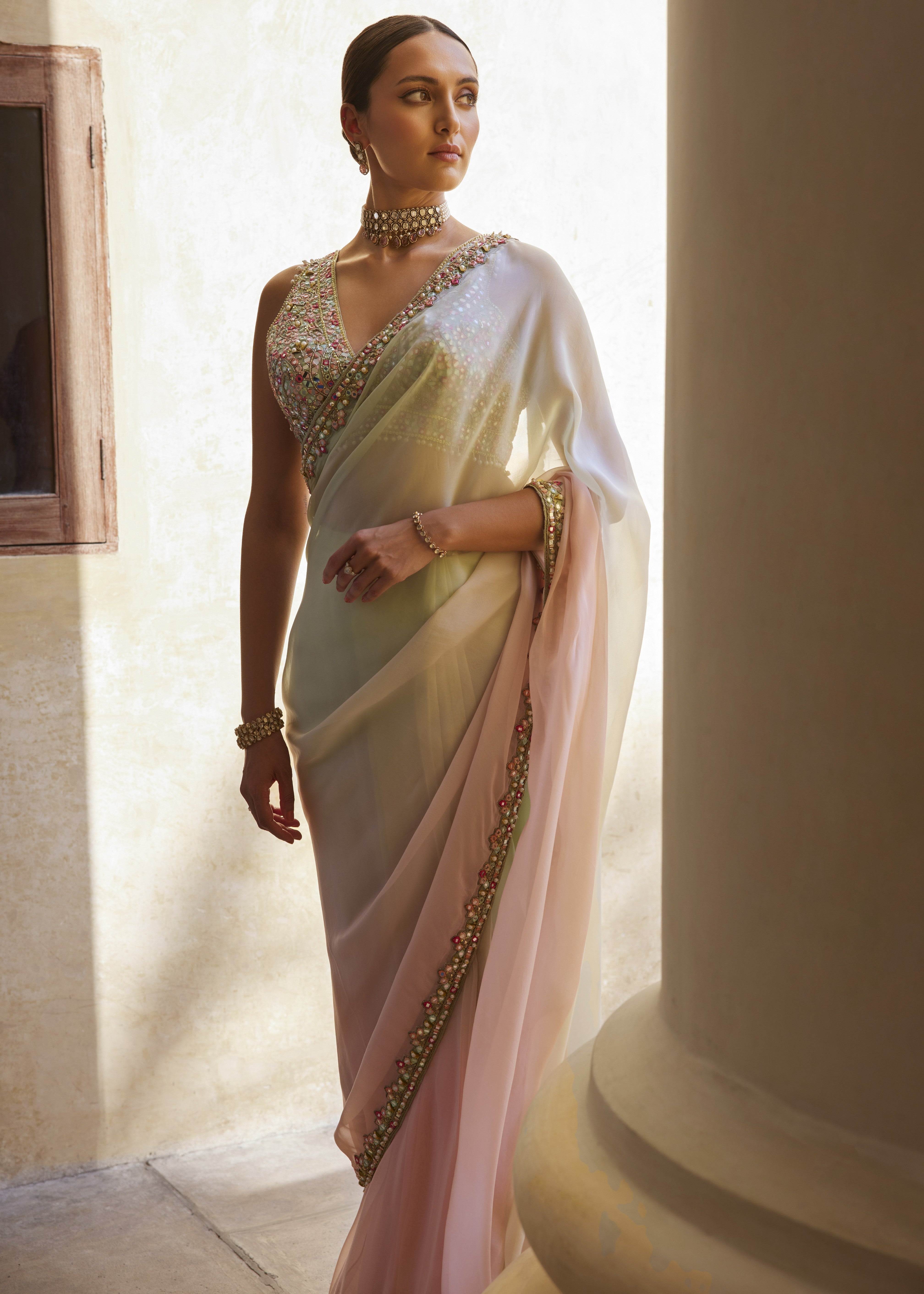 Green and Pink Ombre Organza Sari