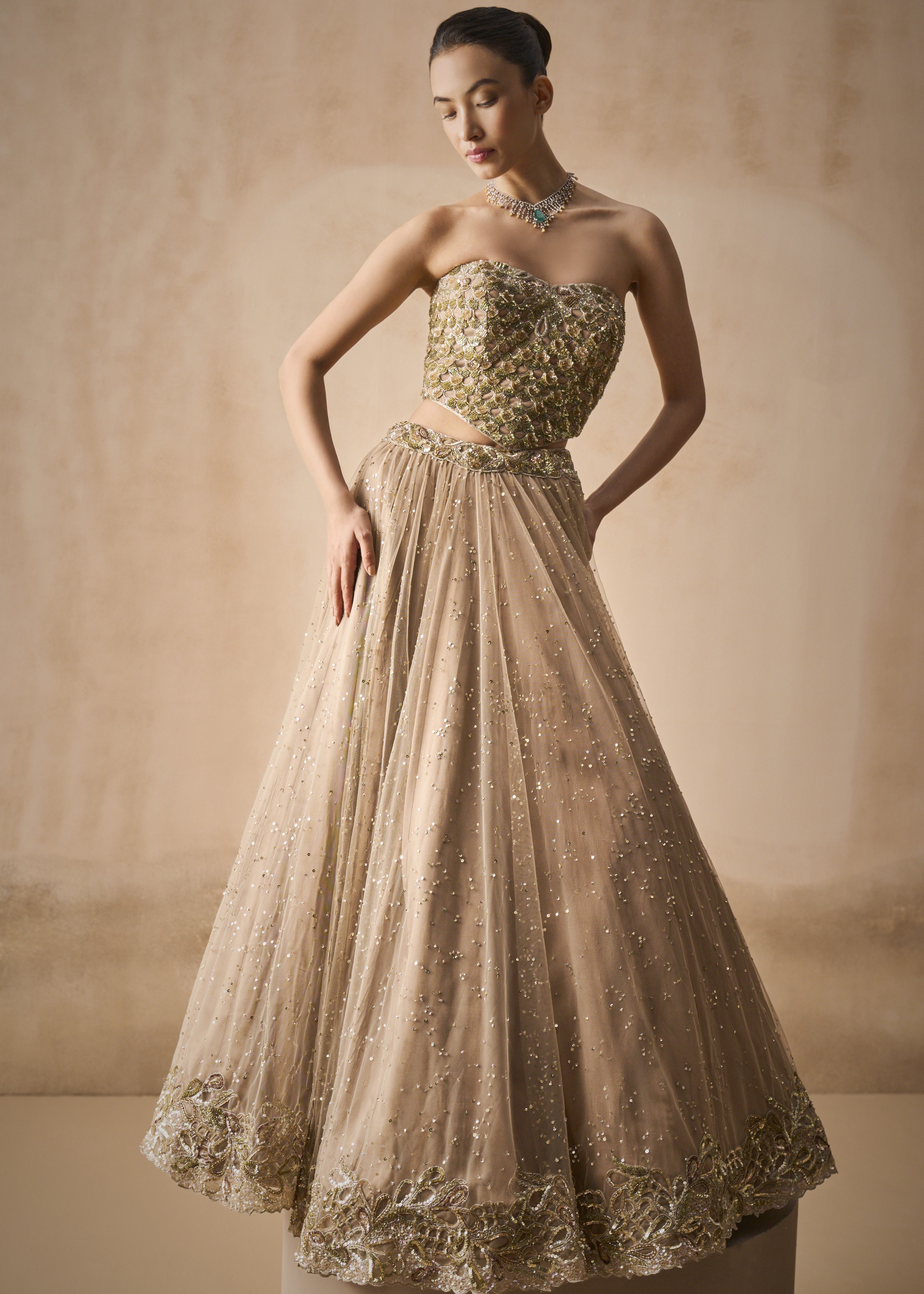 Biscuit Brown Lehenga And Corset