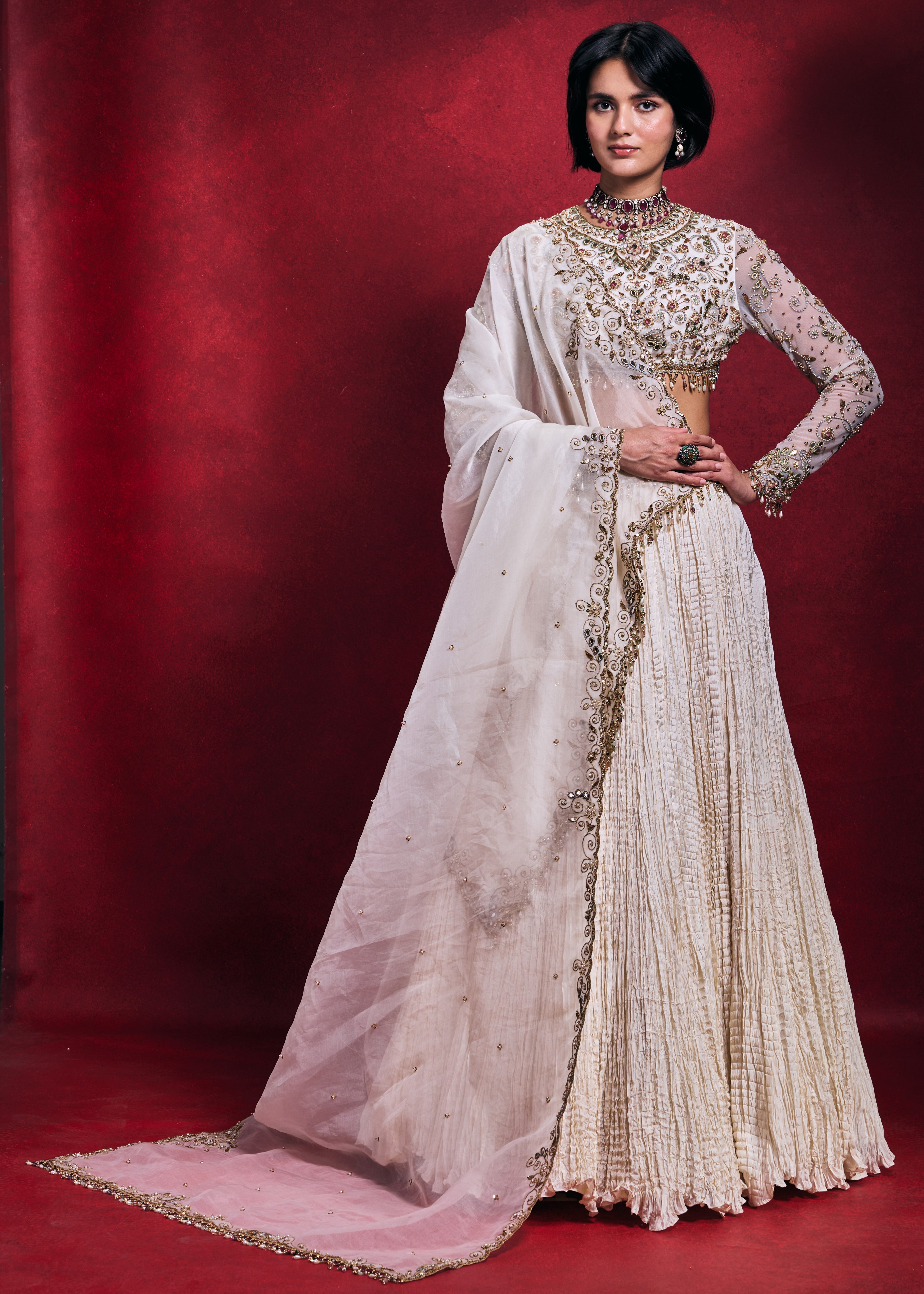 Ivory Crushed Lehenga Set