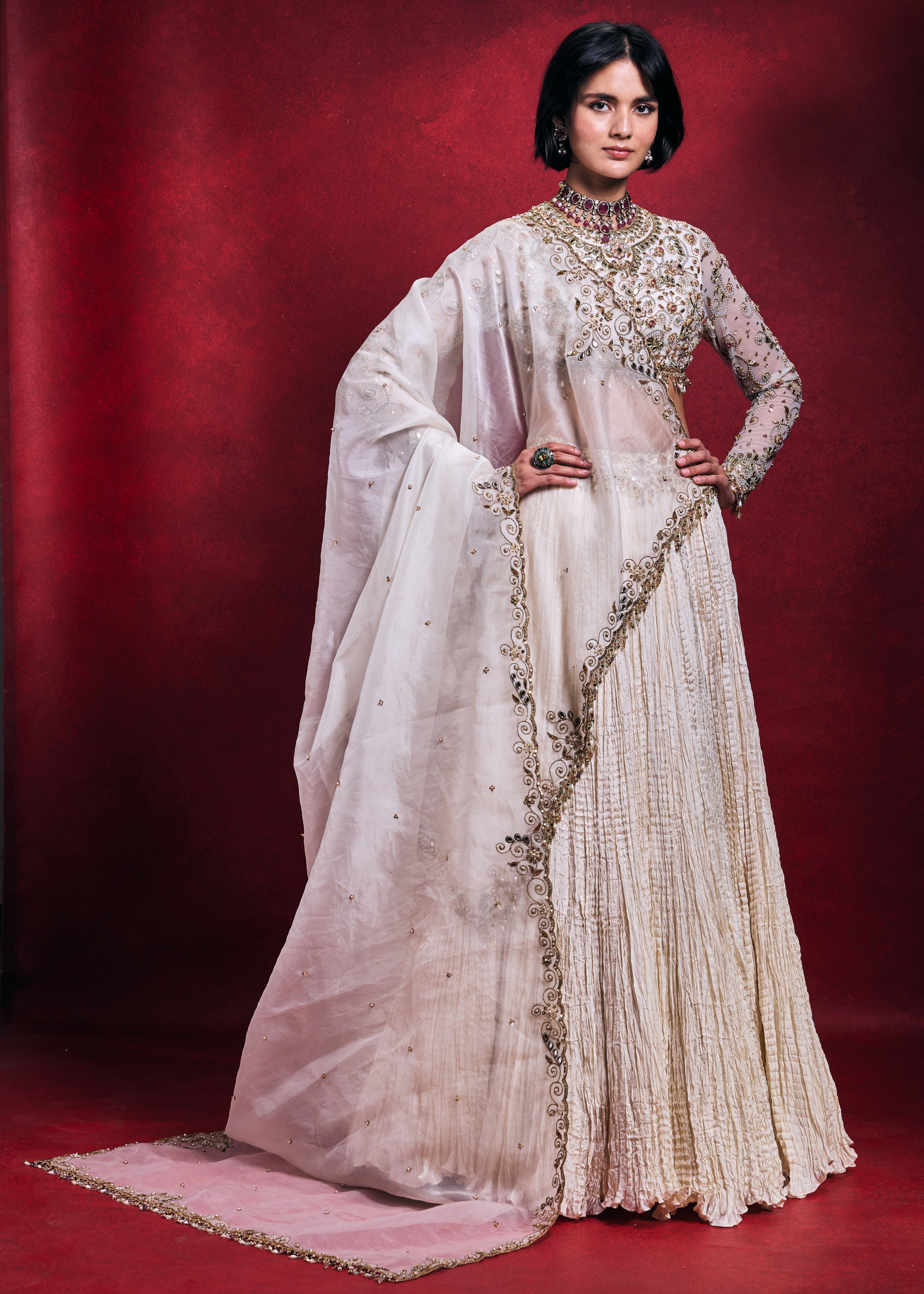 Ivory Crushed Lehenga Set