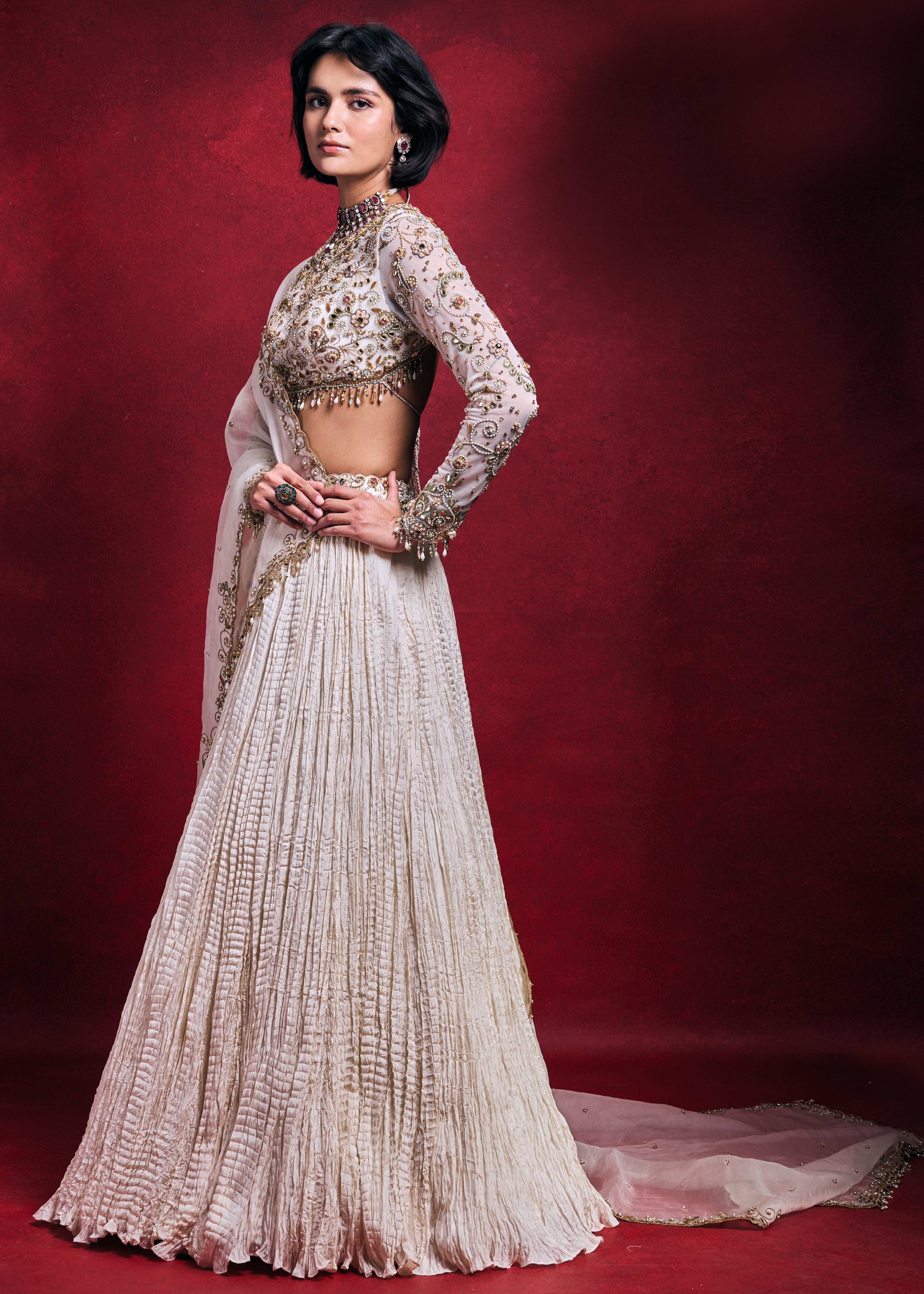 Ivory Crushed Lehenga Set