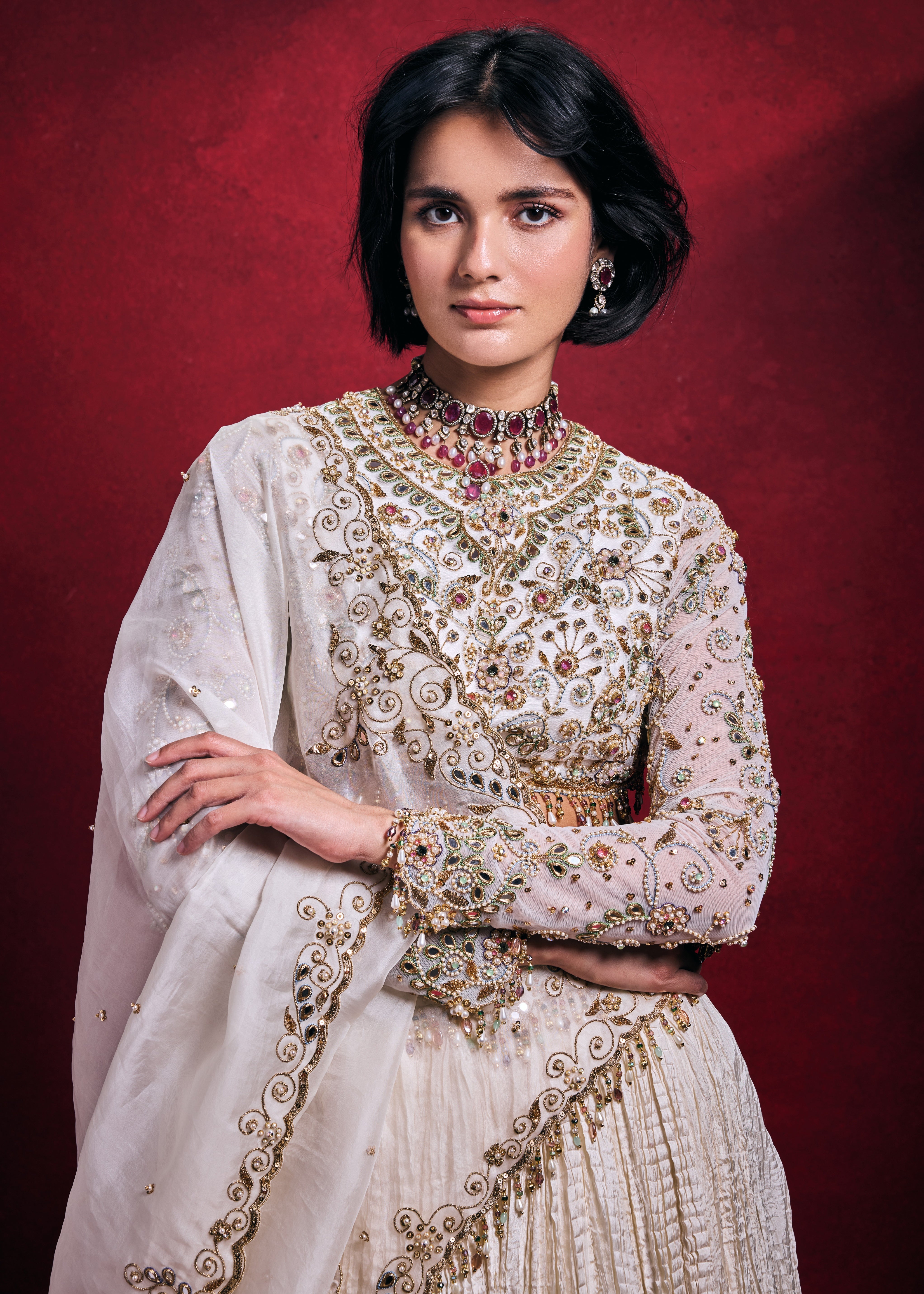 Ivory Crushed Lehenga Set