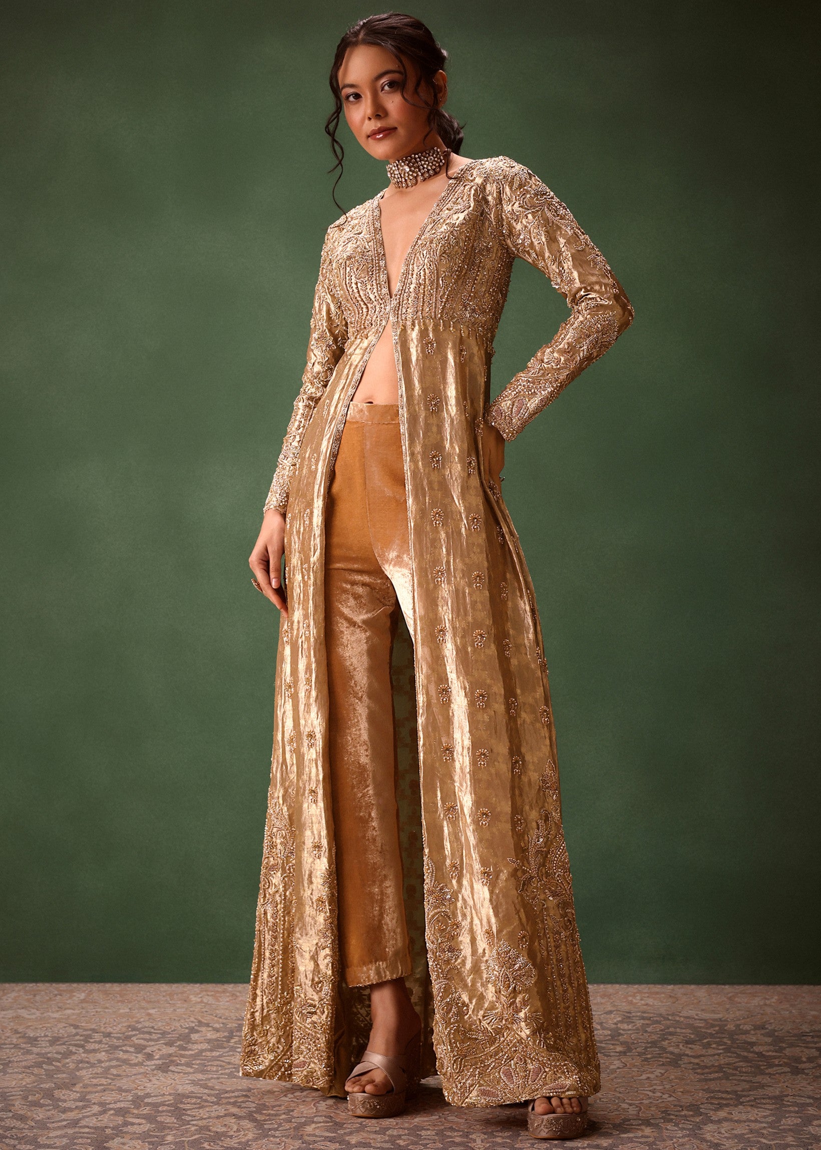 Dusty Brown Embroidered Long Jacket Set