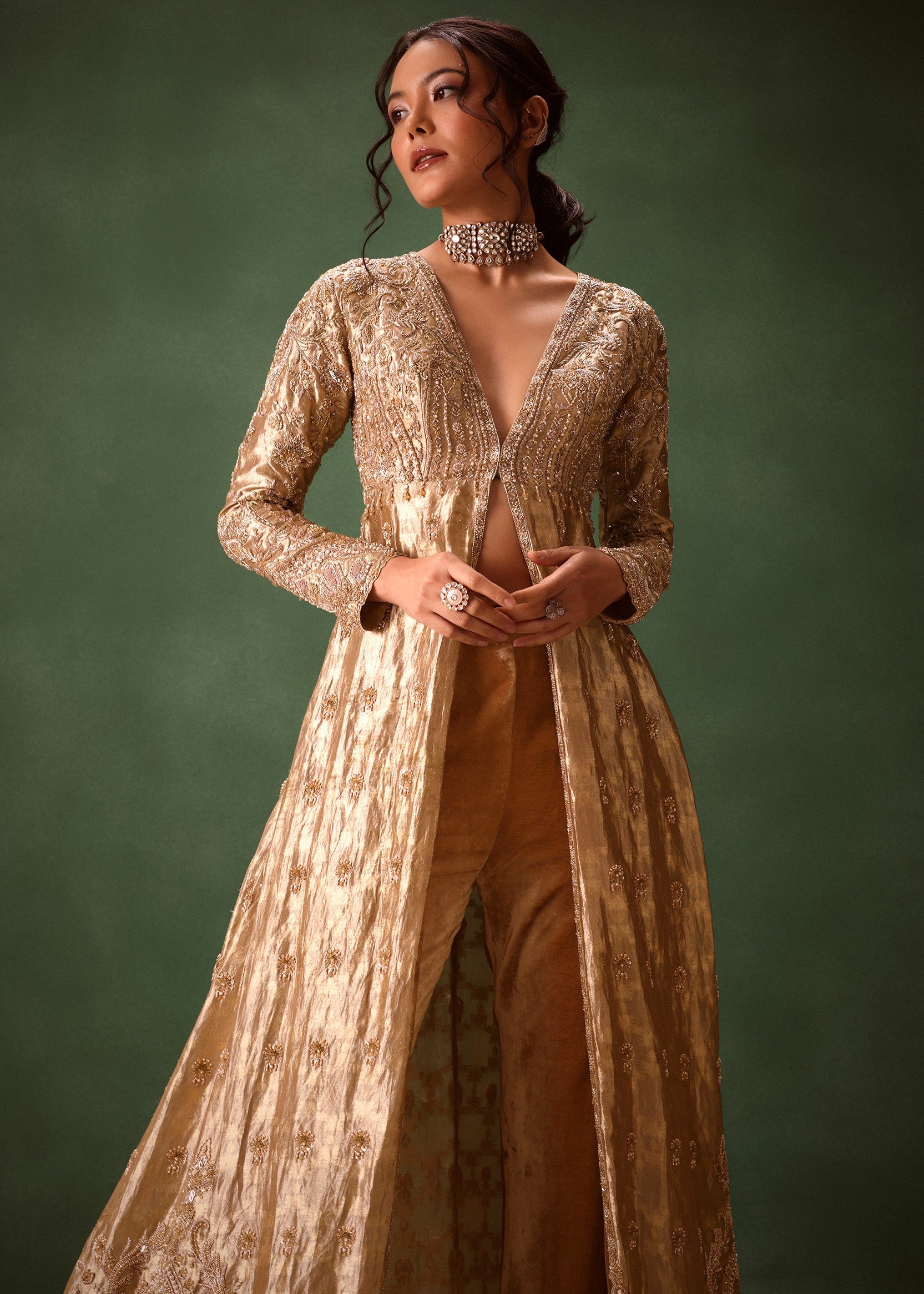 Dusty Brown Embroidered Long Jacket Set