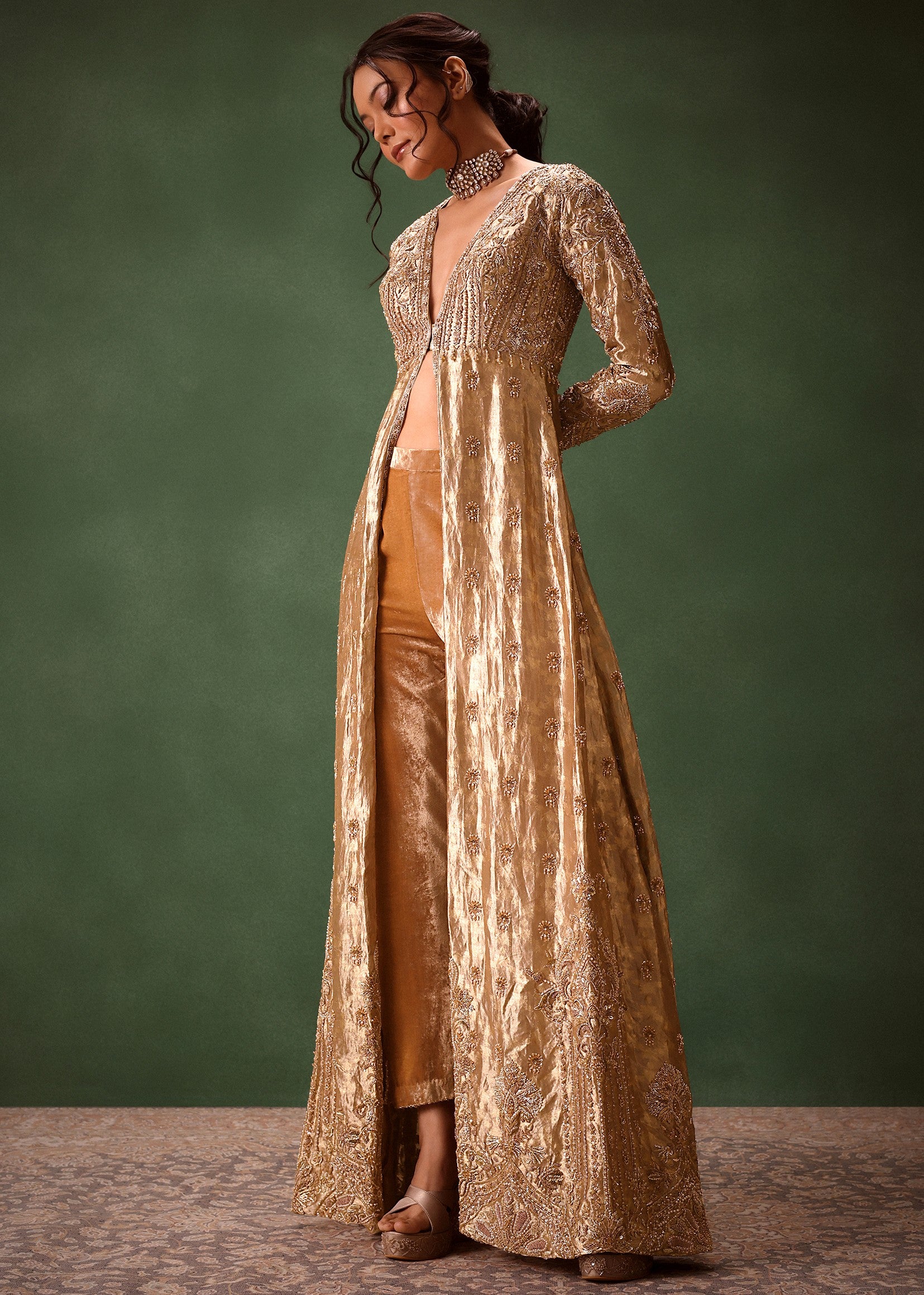 Dusty Brown Embroidered Long Jacket Set