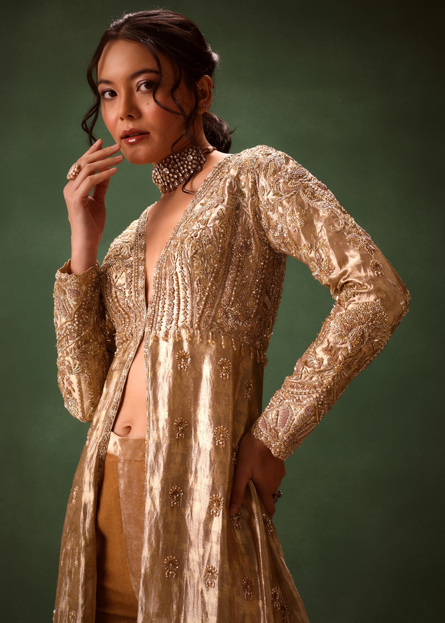Dusty Brown Embroidered Long Jacket Set