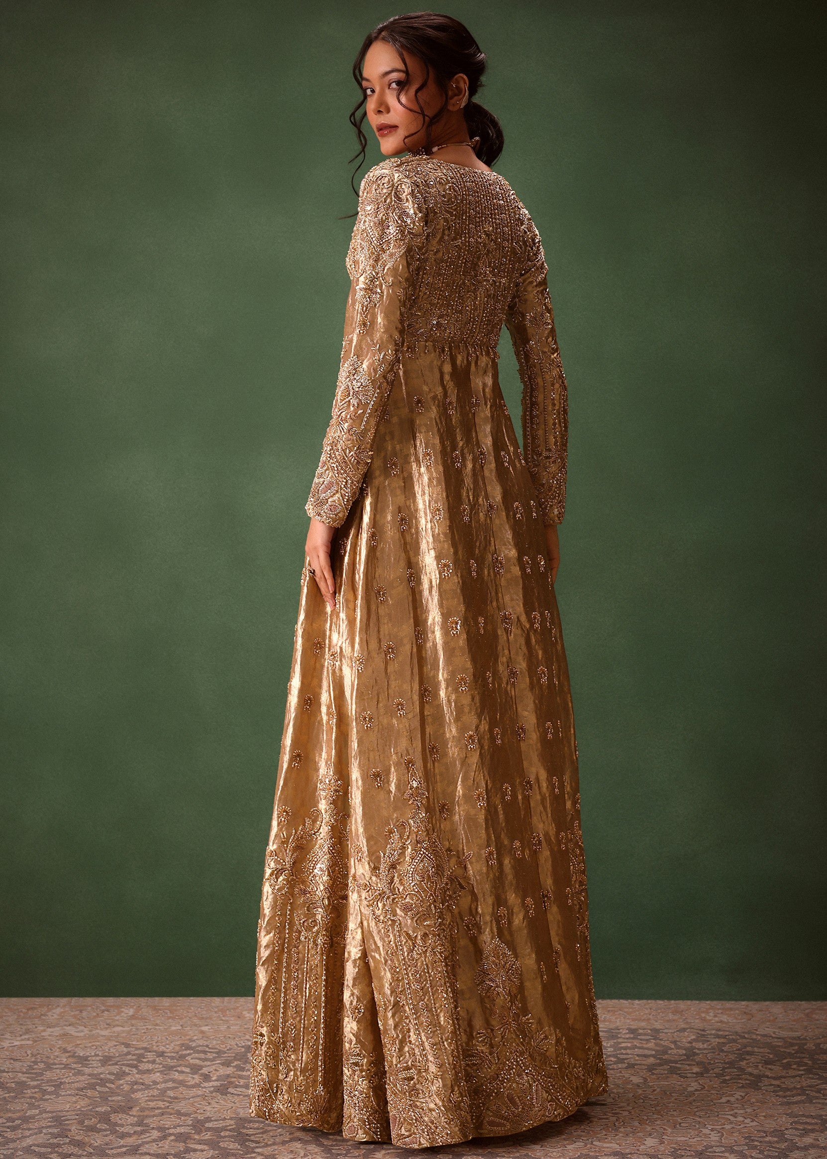 Dusty Brown Embroidered Long Jacket Set