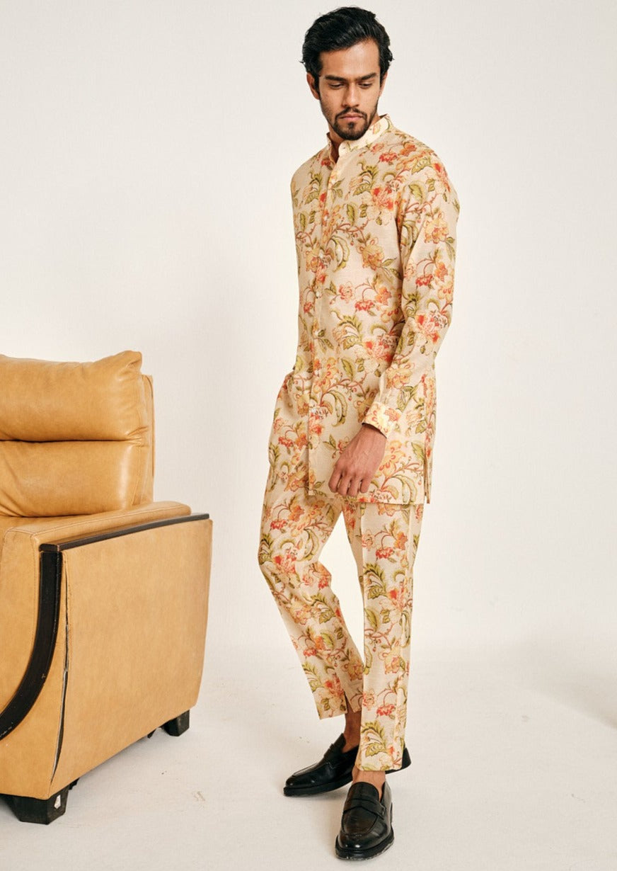 Ivory Floral Rhapsody Kora Chanderi Kurta Pajama Set