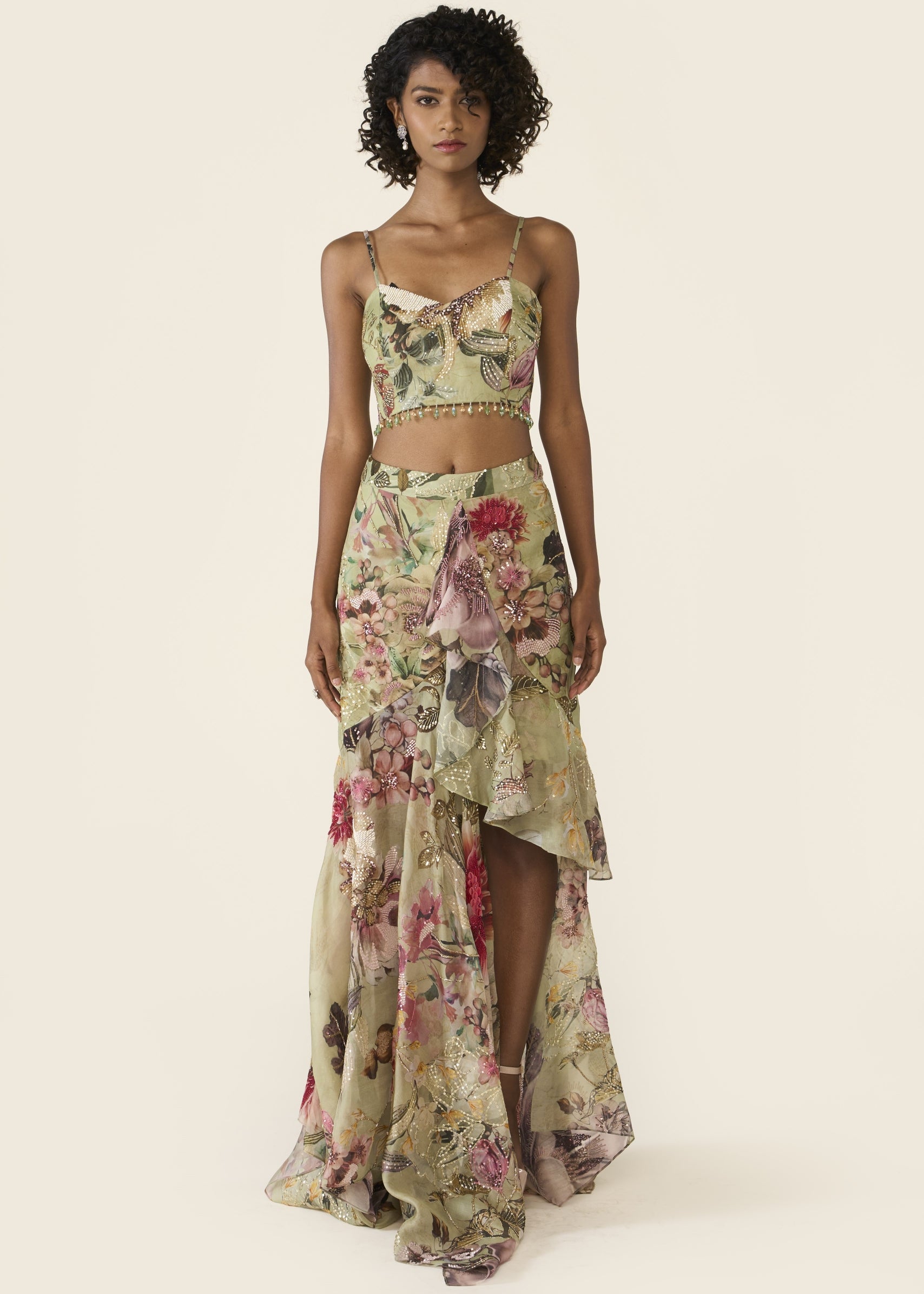 Green Printed Asymmetric Skirt Set