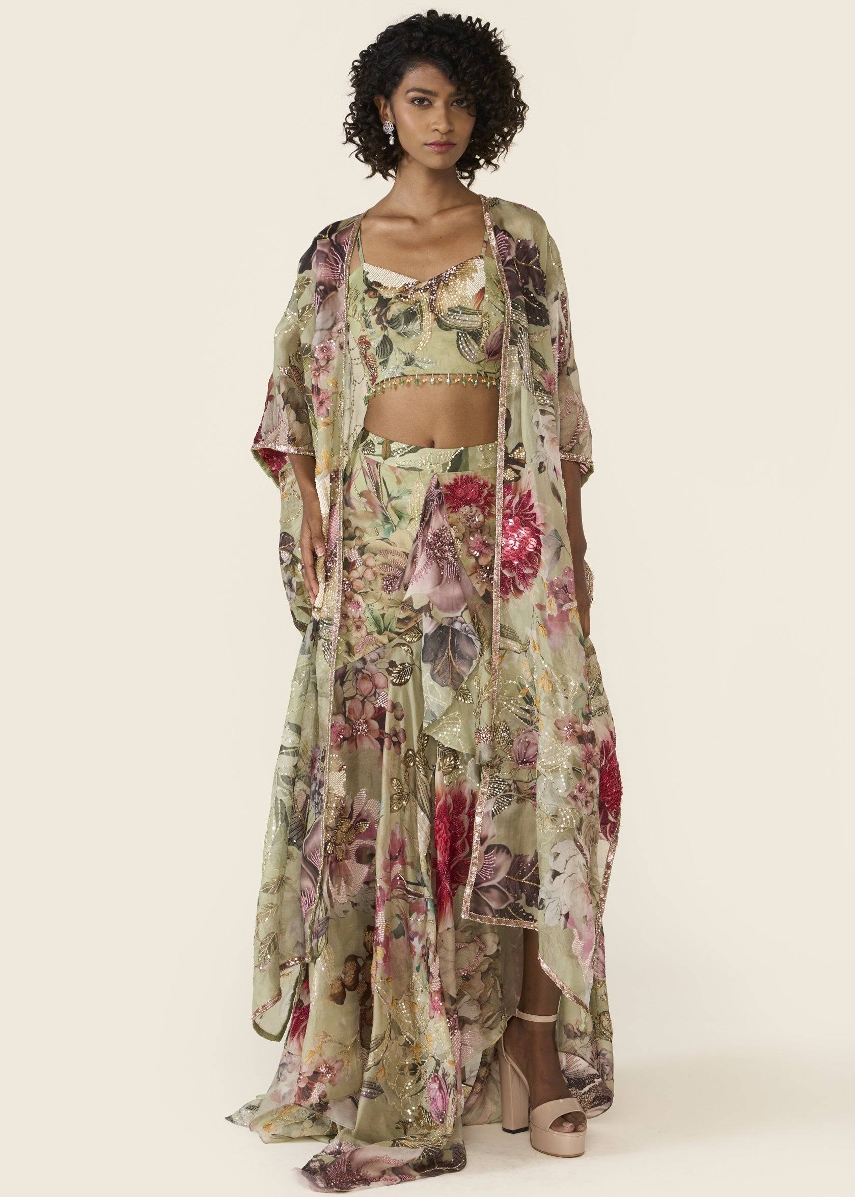 Green Printed Asymmetric Skirt Set