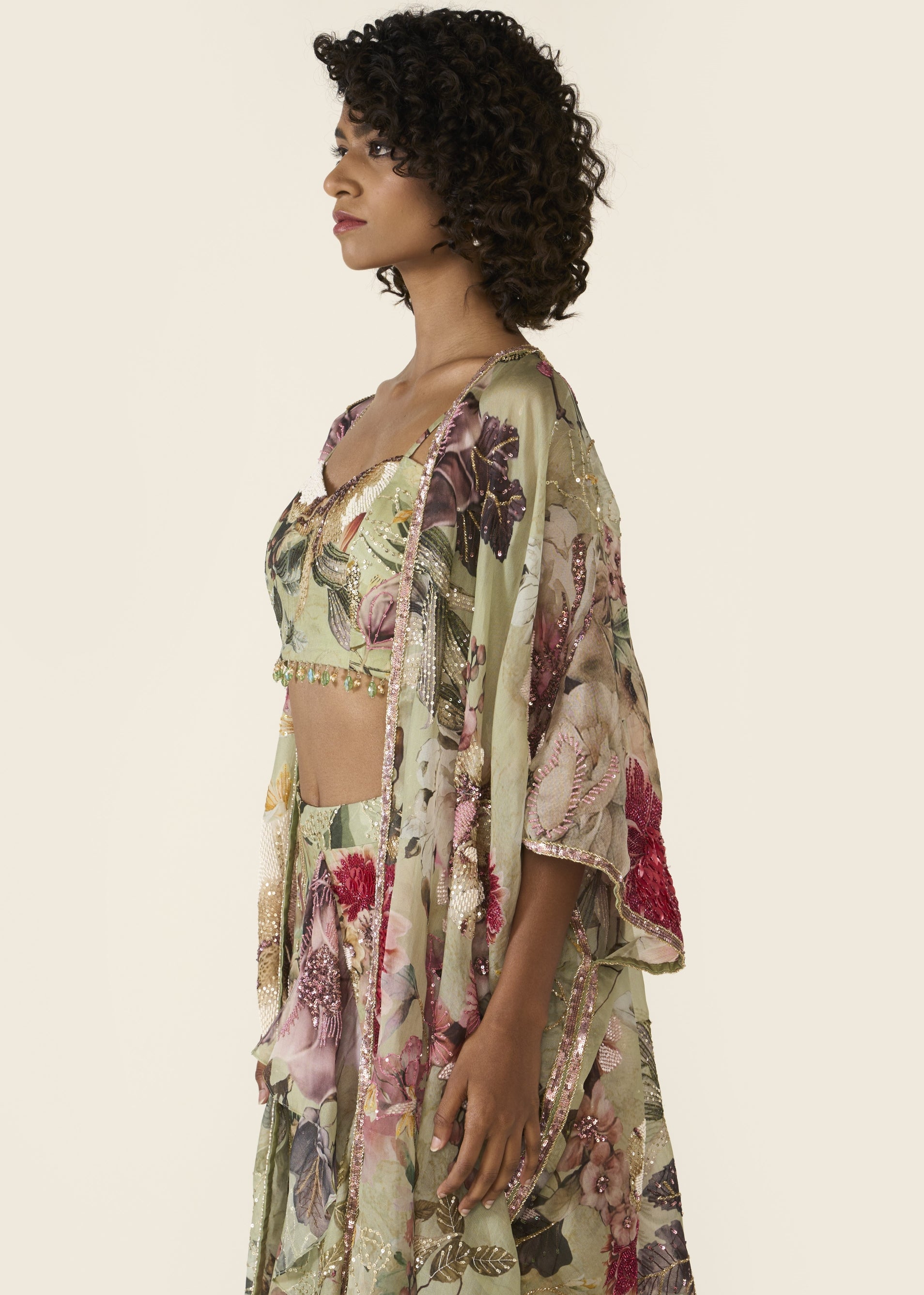 Green Printed Asymmetric Skirt Set