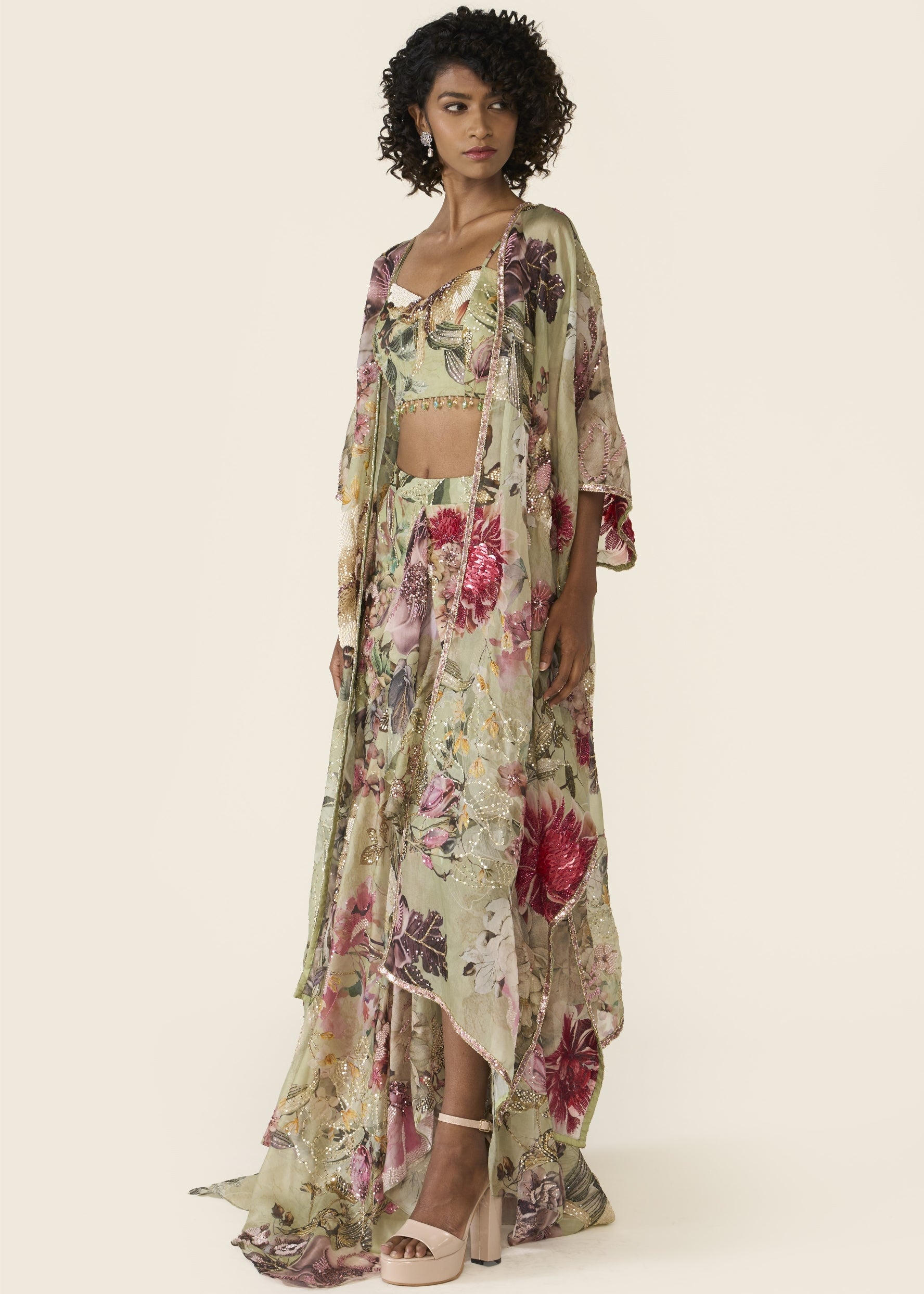 Green Printed Asymmetric Skirt Set