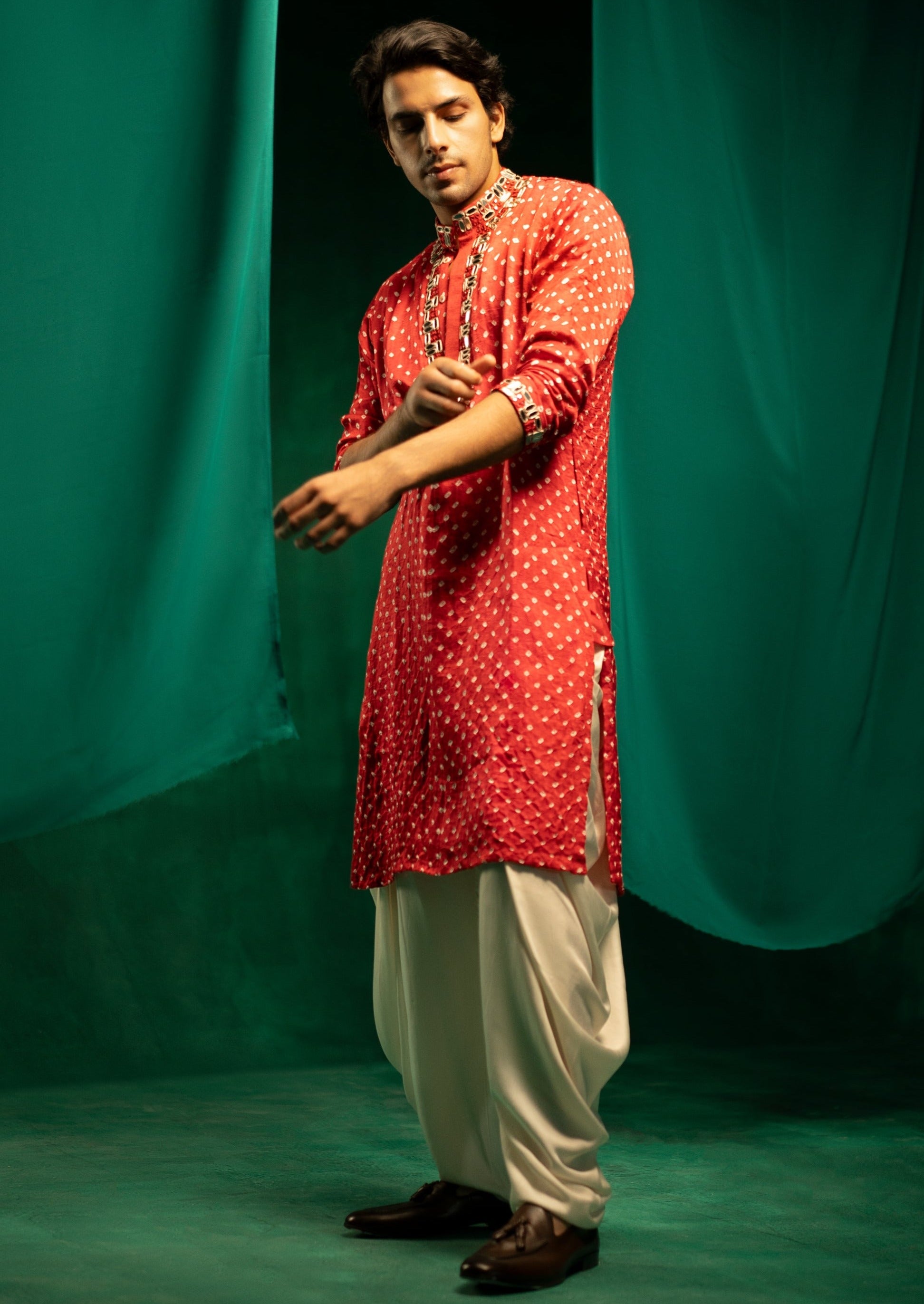 Red Bandhani Mirror Embellished Kurta Set