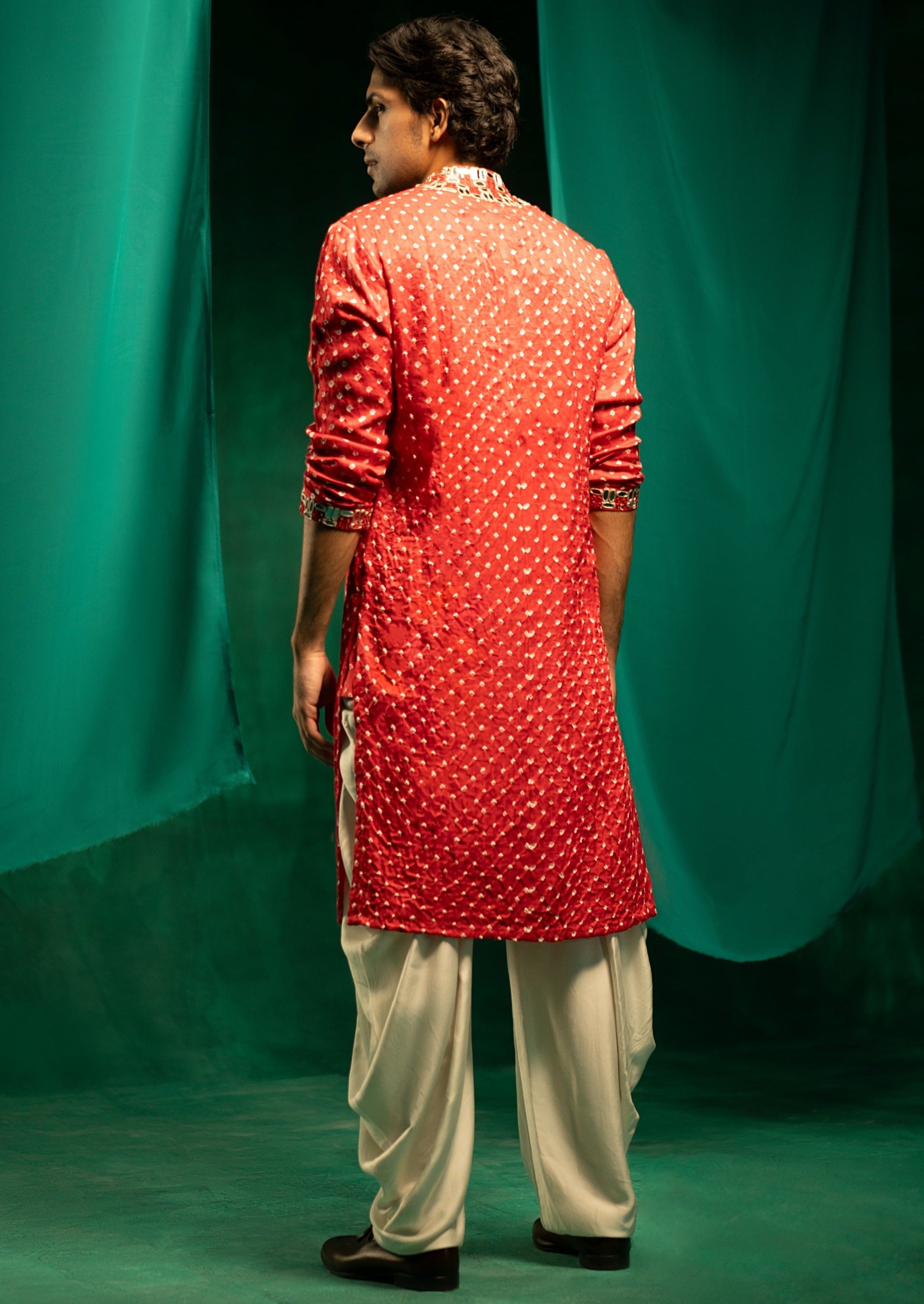 Red Bandhani Mirror Embellished Kurta Set