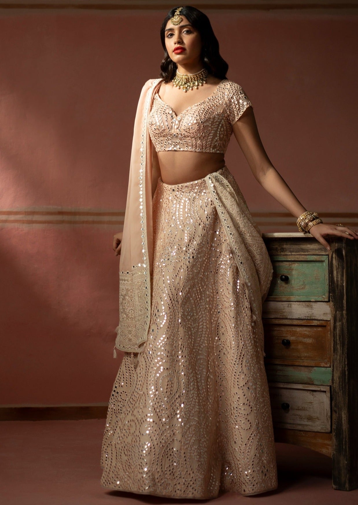 Blush Peach Mirrorwork Lehenga Set
