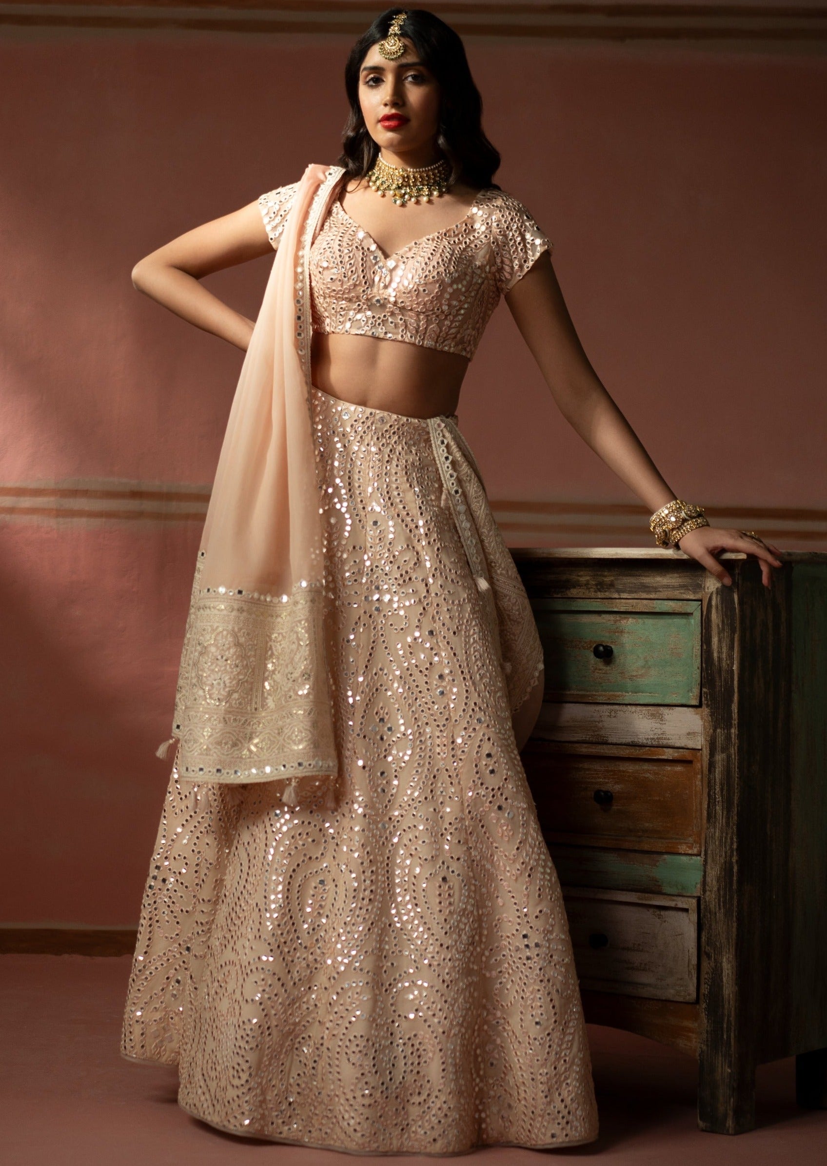 Blush Peach Mirrorwork Lehenga Set