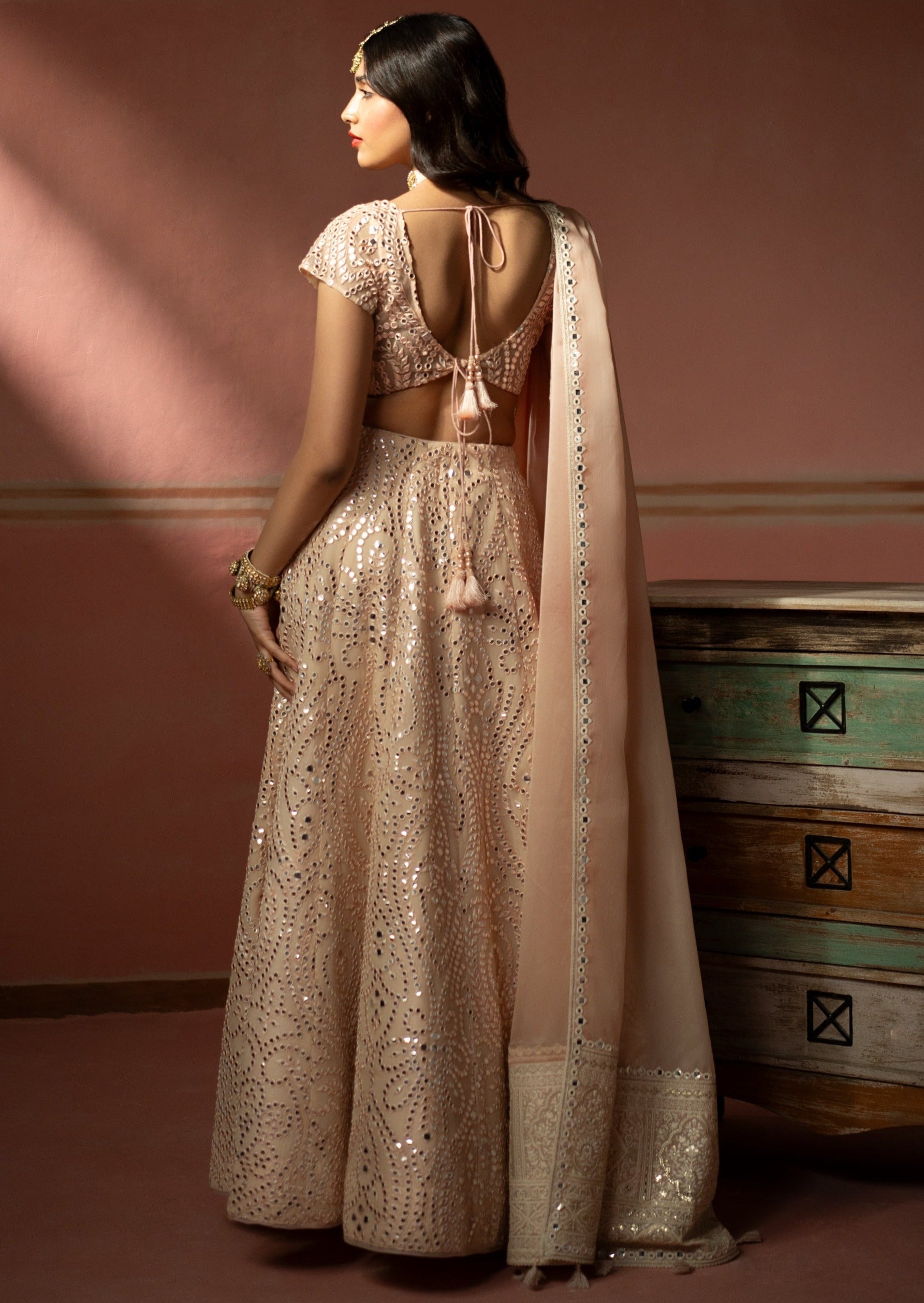 Blush Peach Mirrorwork Lehenga Set