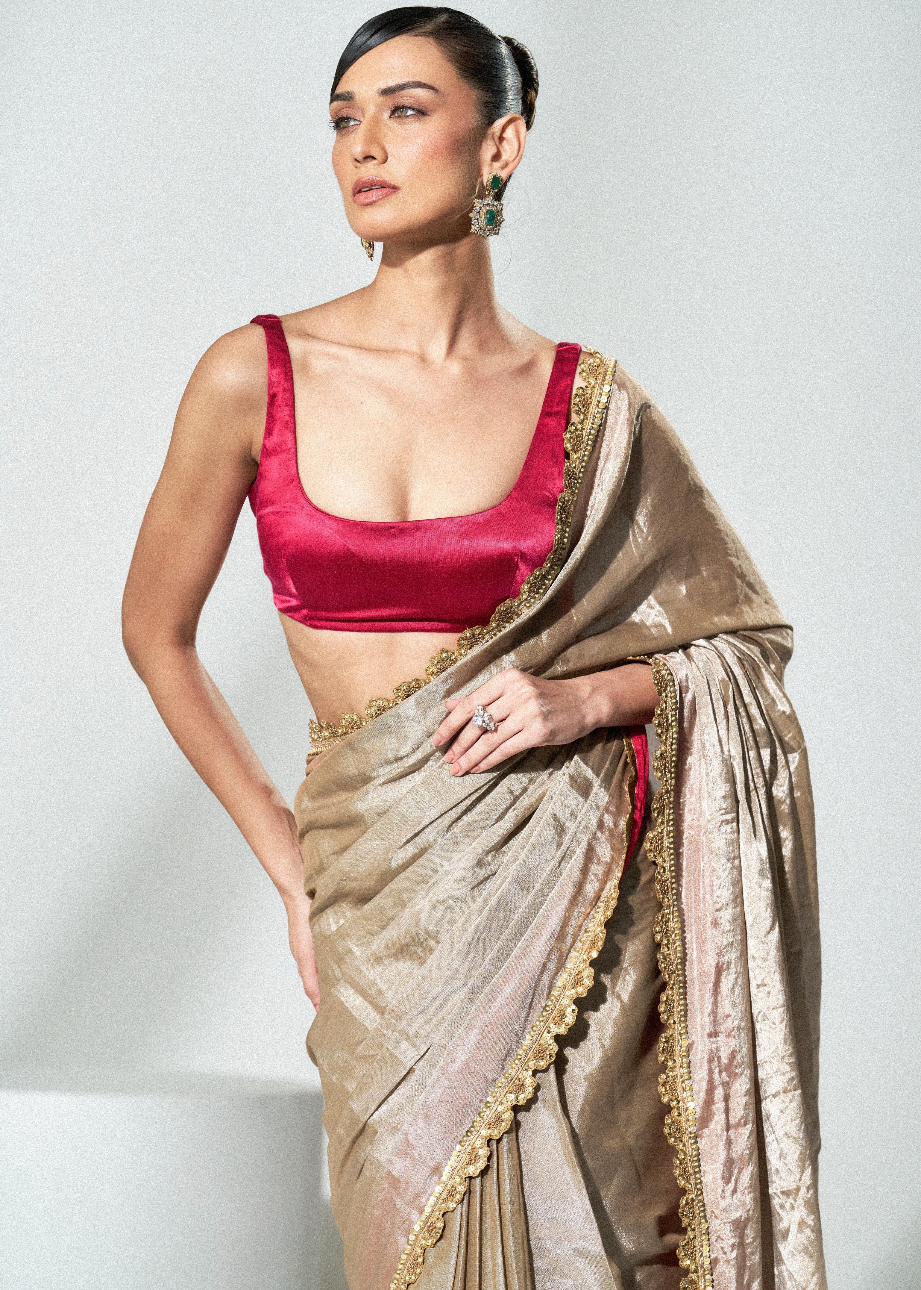 Champagne Silver Tissue Sari