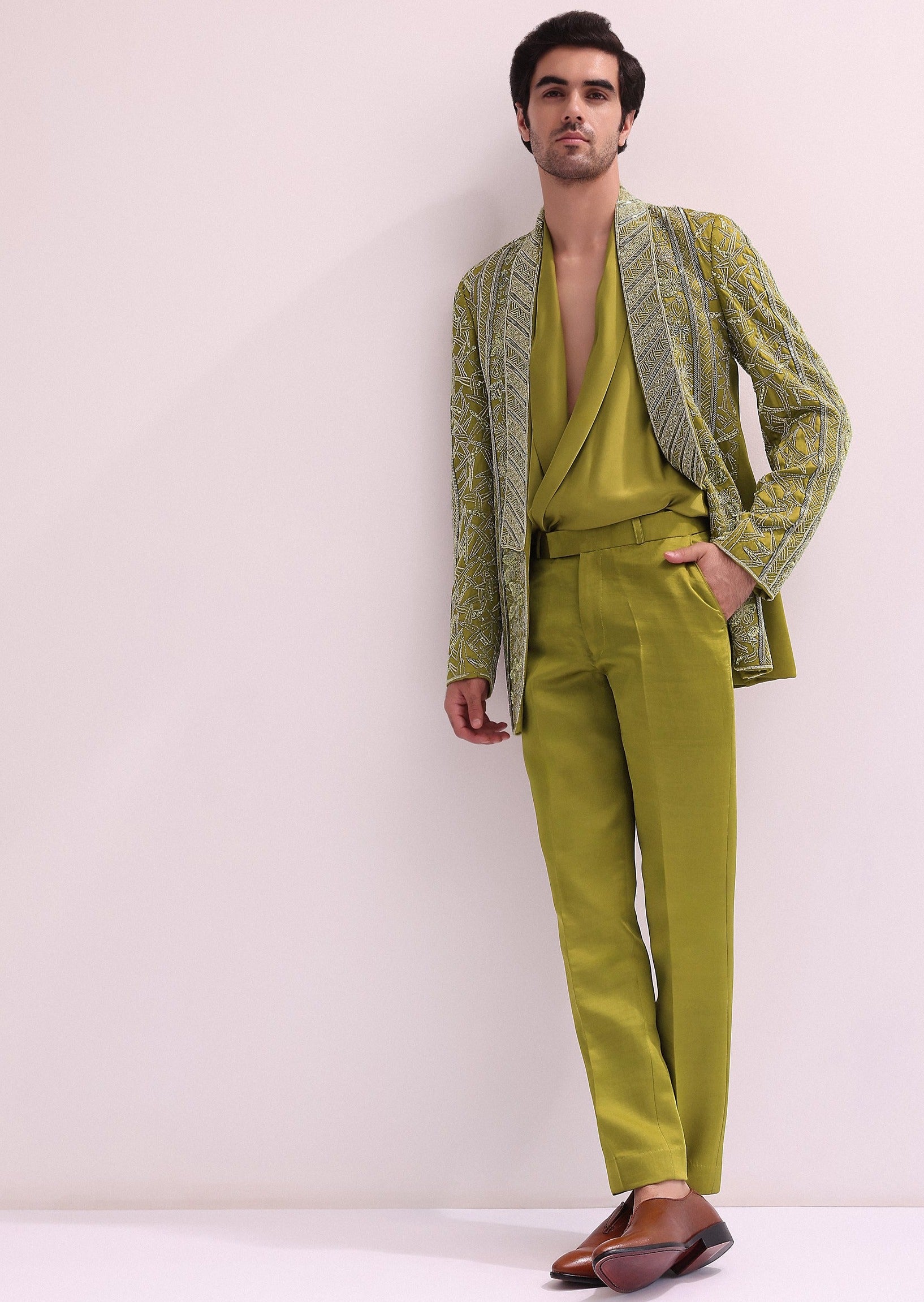 Green Linen Satin Lapel Tuxedo Jacket Set