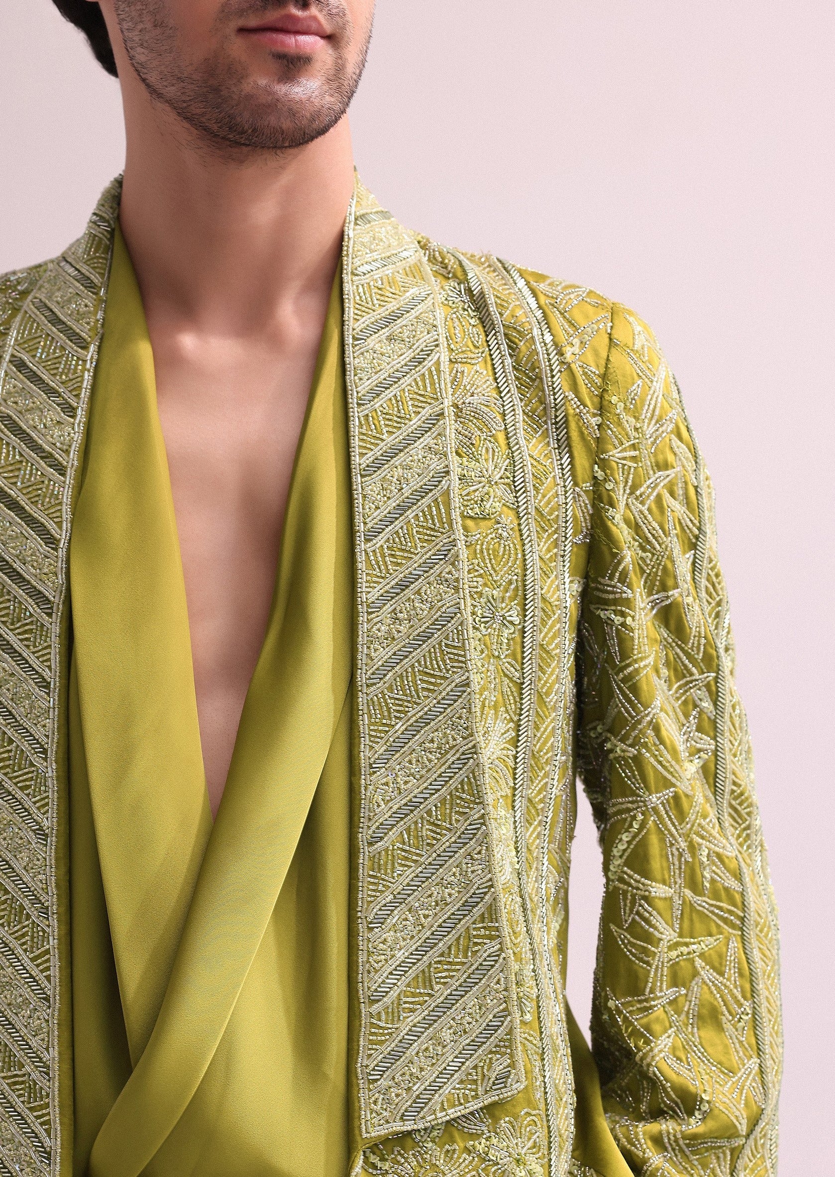 Green Linen Satin Lapel Tuxedo Jacket Set