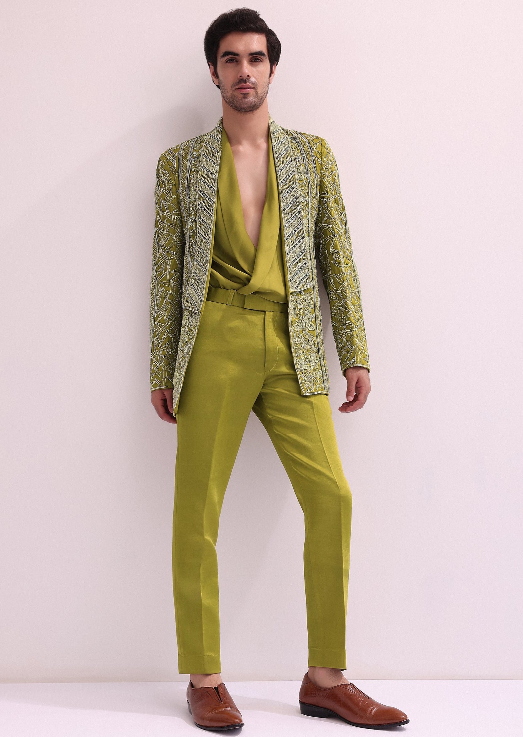 Green Linen Satin Lapel Tuxedo Jacket Set