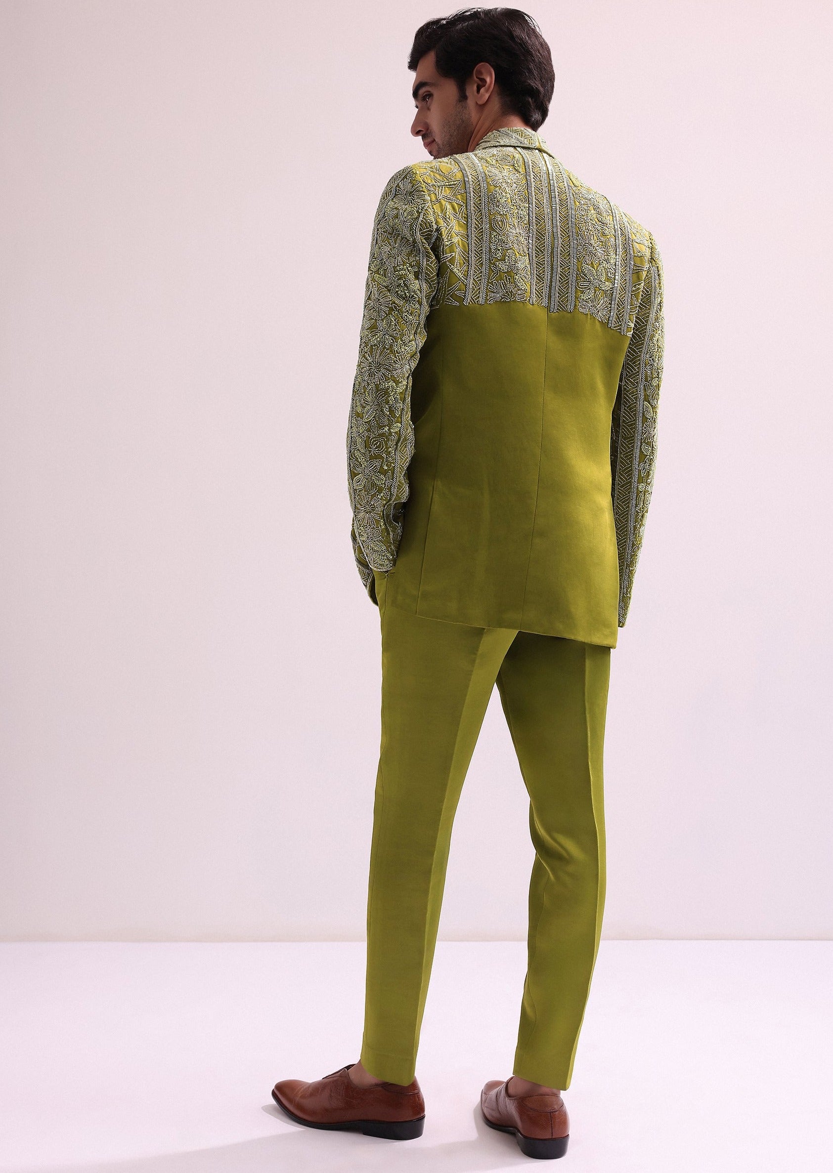 Green Linen Satin Lapel Tuxedo Jacket Set