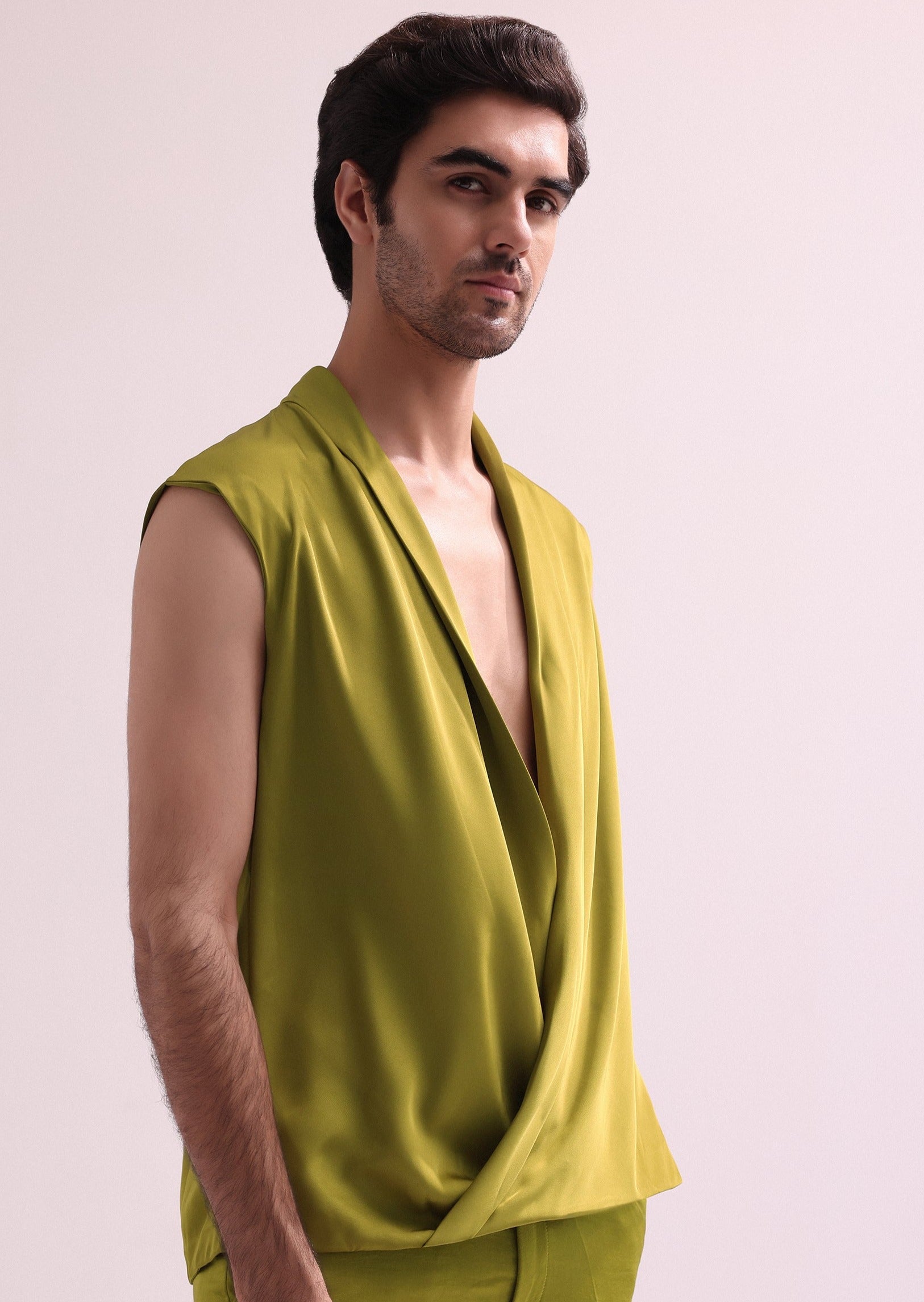 Green Linen Satin Lapel Tuxedo Jacket Set