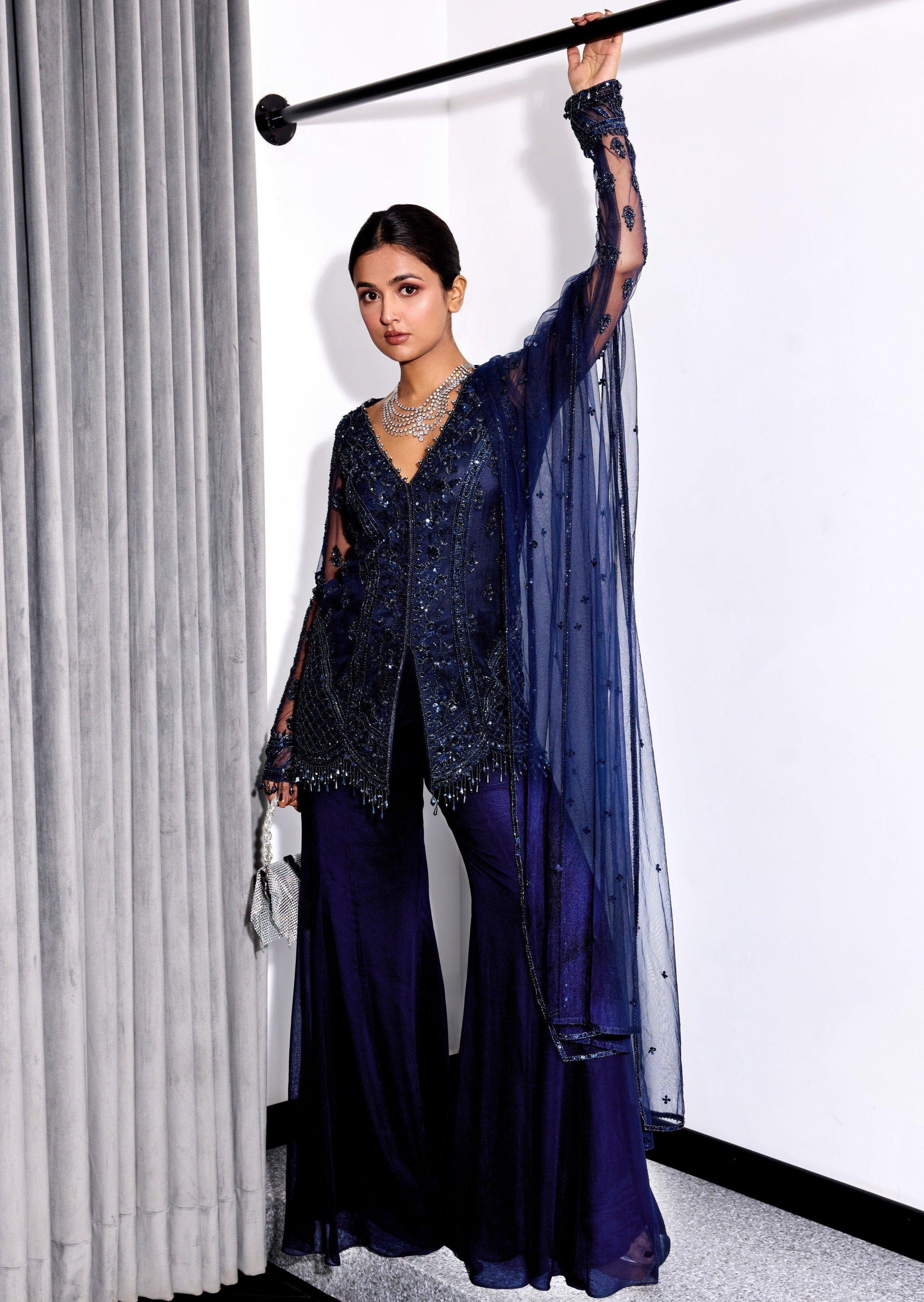 Midnight Blue Tonal Embroidered Pants Set
