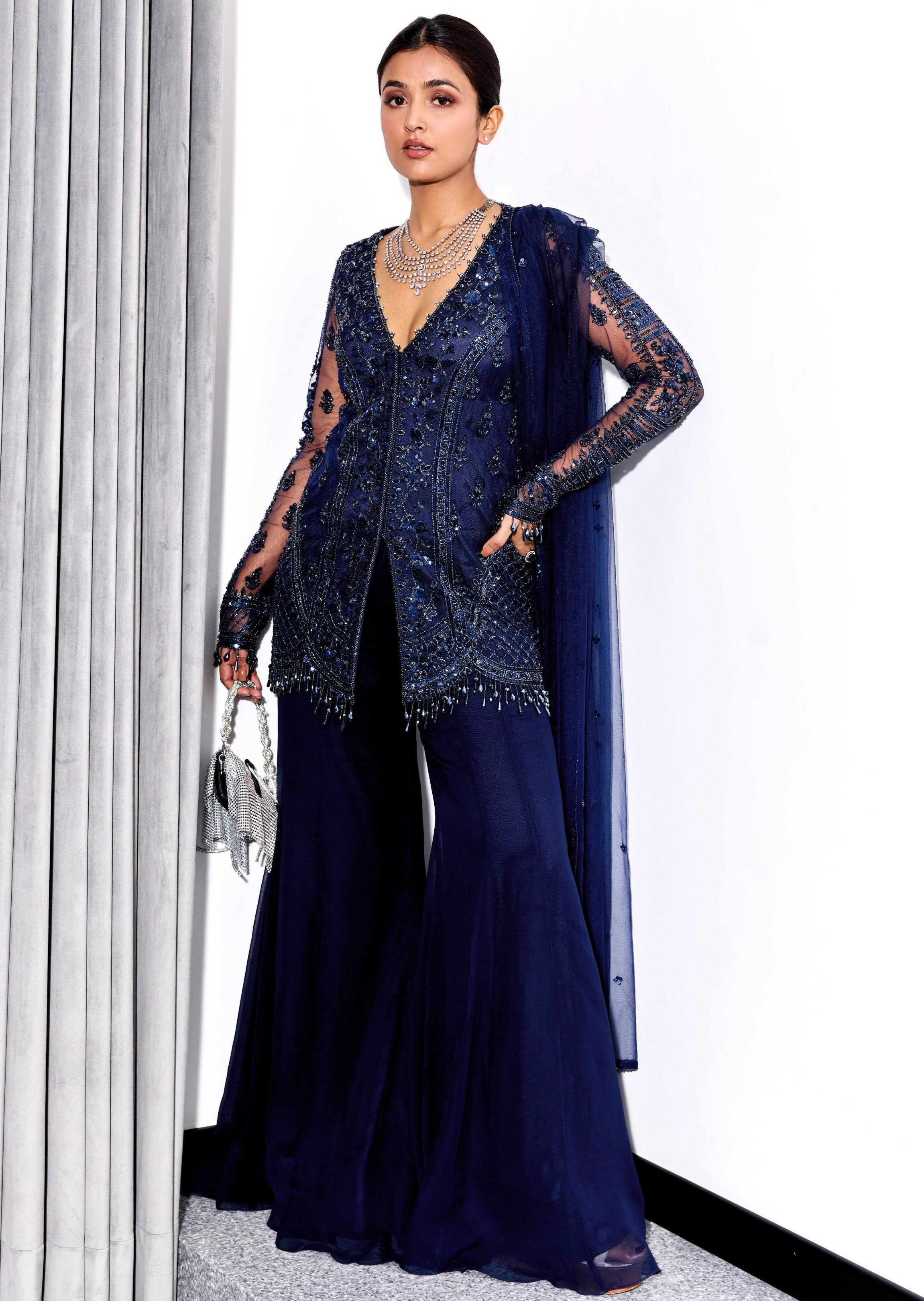Midnight Blue Tonal Embroidered Pants Set