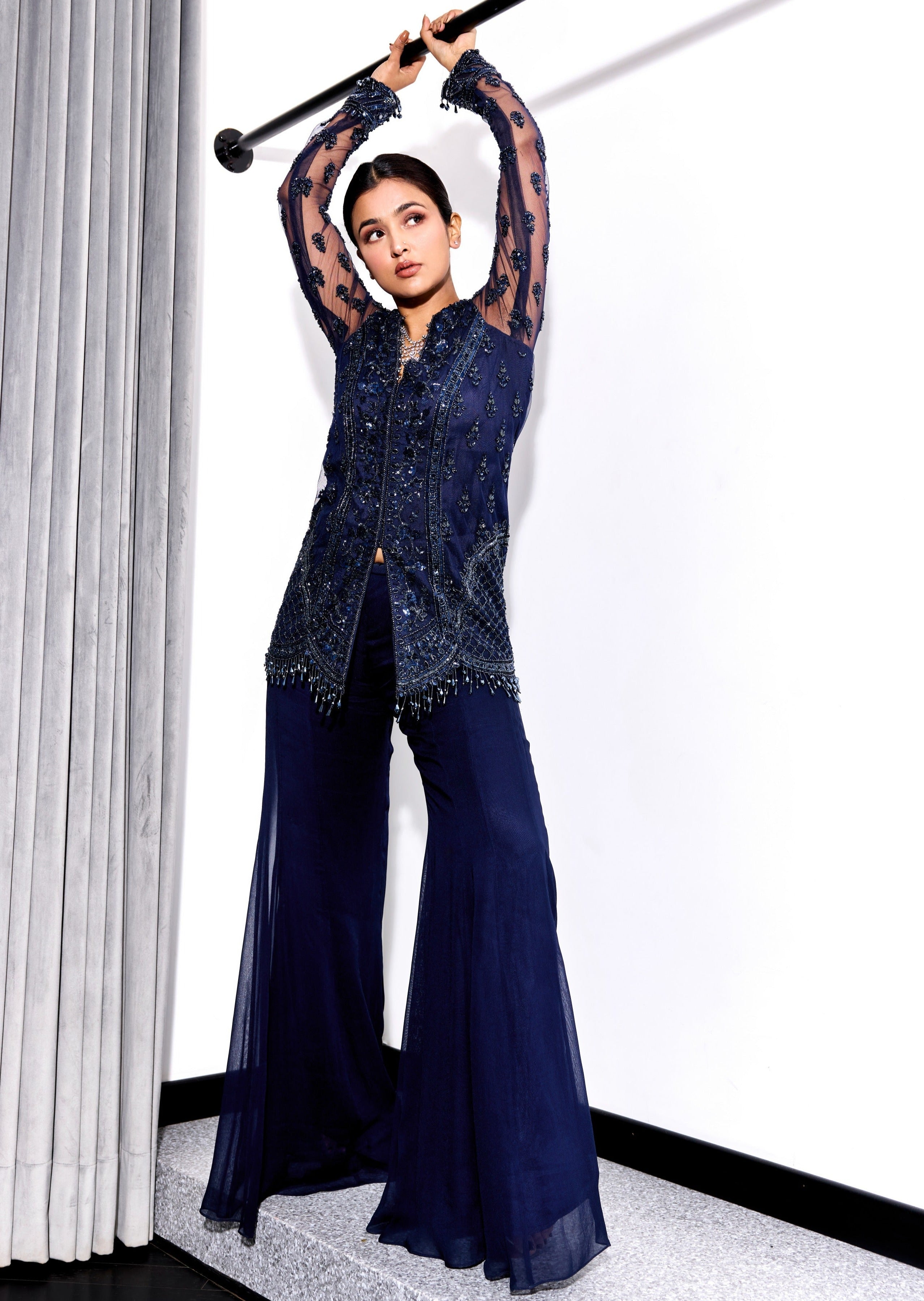 Midnight Blue Tonal Embroidered Pants Set