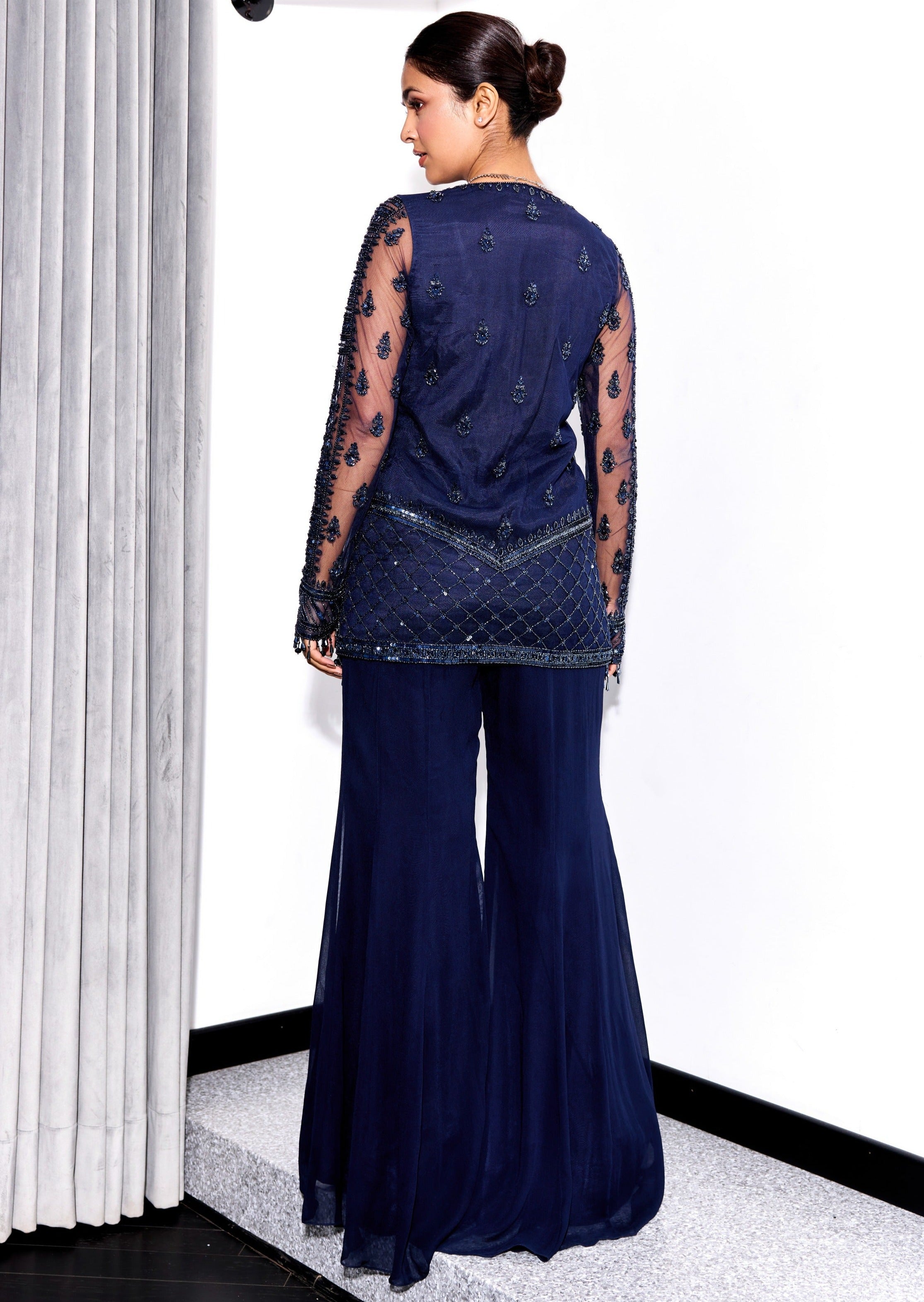 Midnight Blue Tonal Embroidered Pants Set