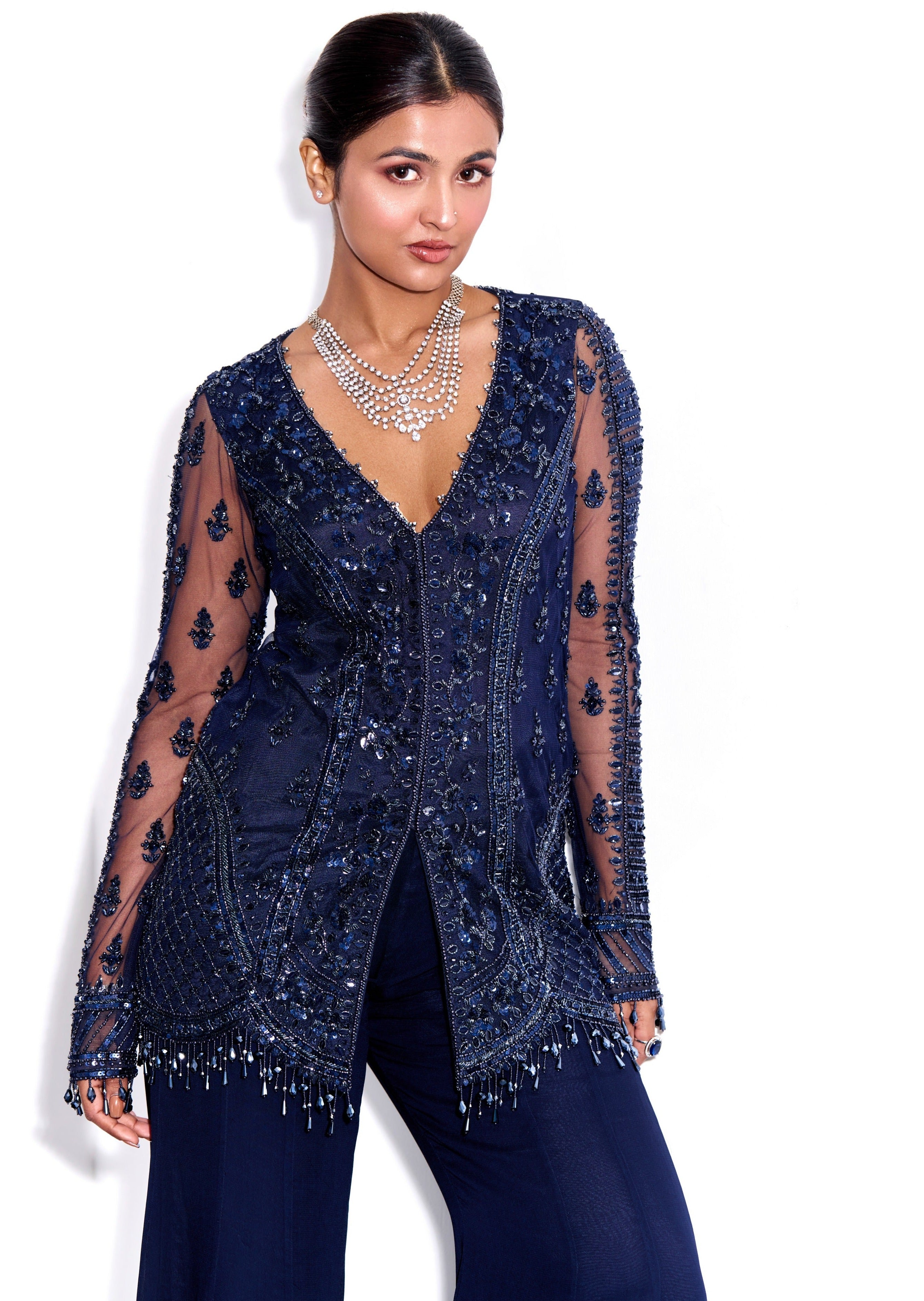 Midnight Blue Tonal Embroidered Pants Set