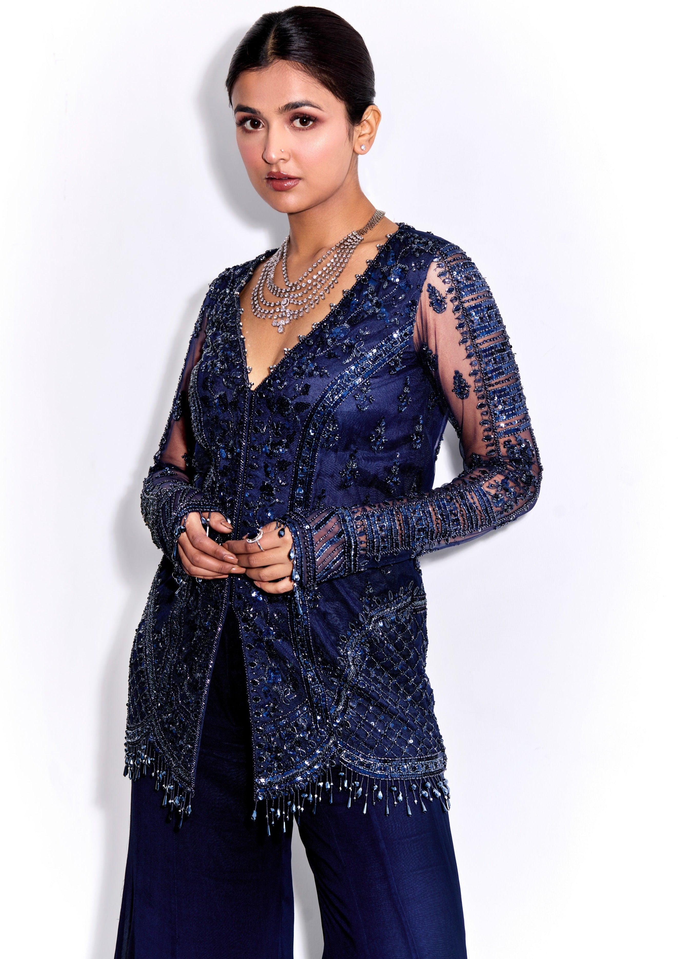 Midnight Blue Tonal Embroidered Pants Set