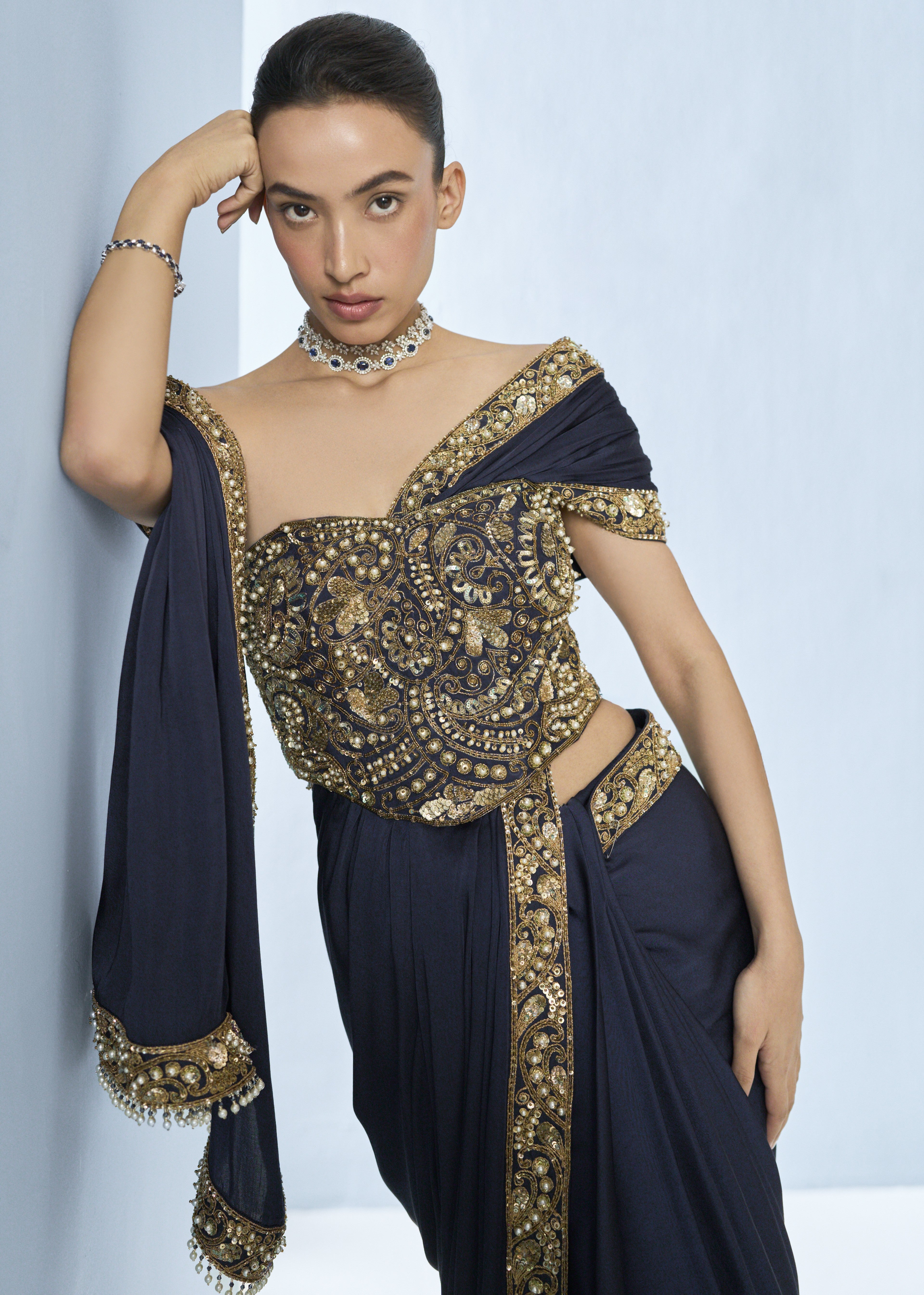 Midnight Blue Satin Sari And Corset Blouse