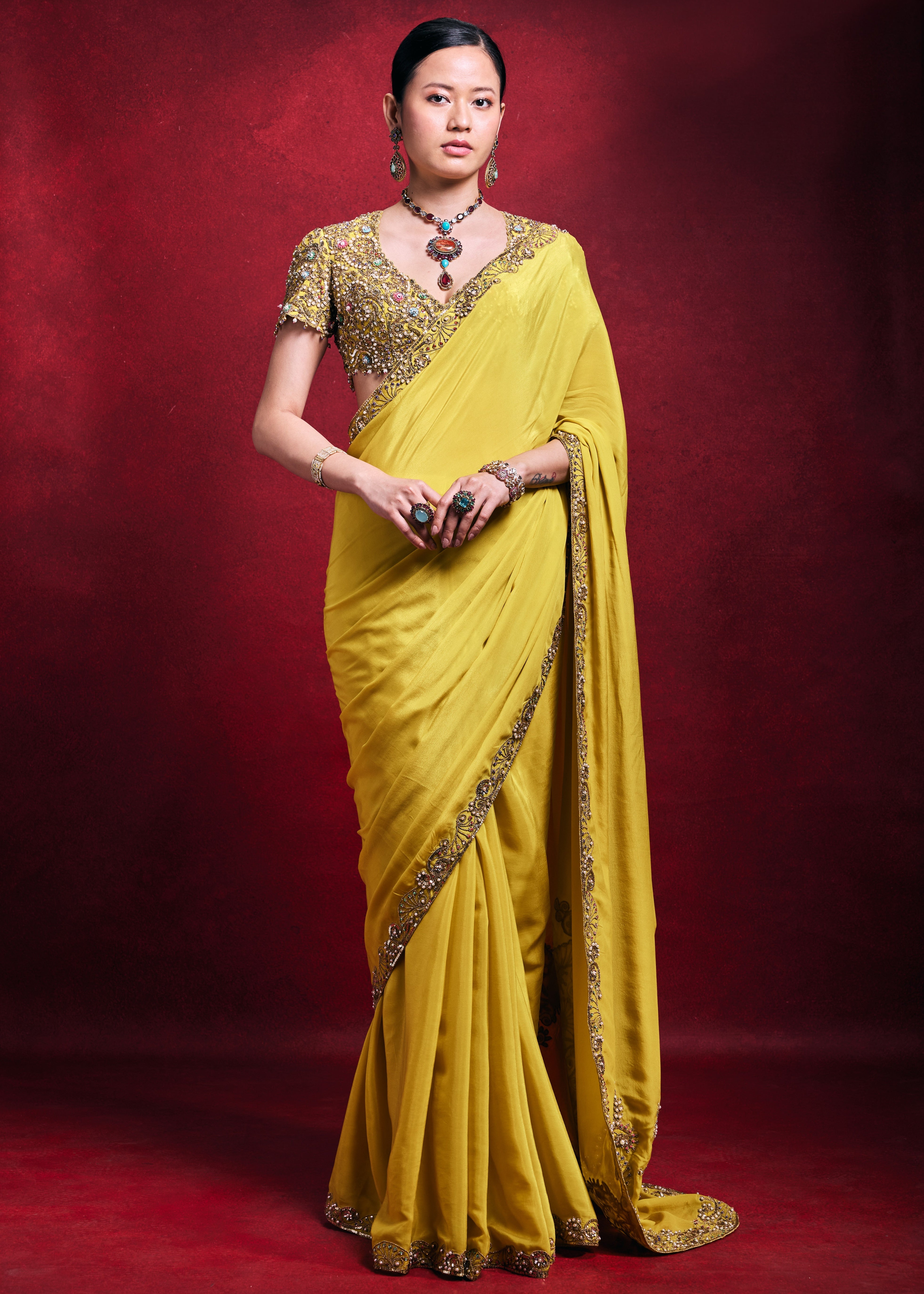 Yellow Crepe Sari Set