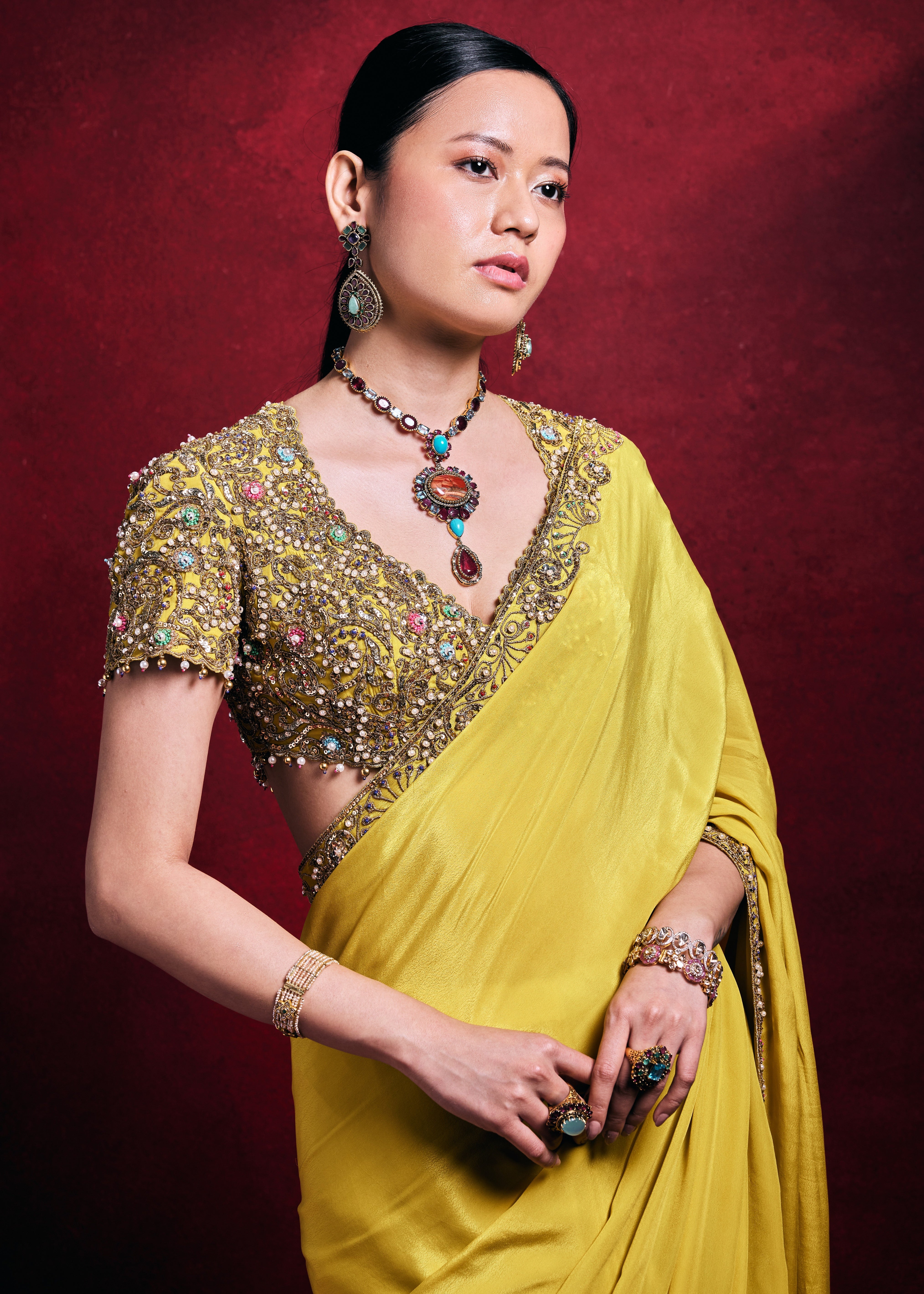 Yellow Crepe Sari Set