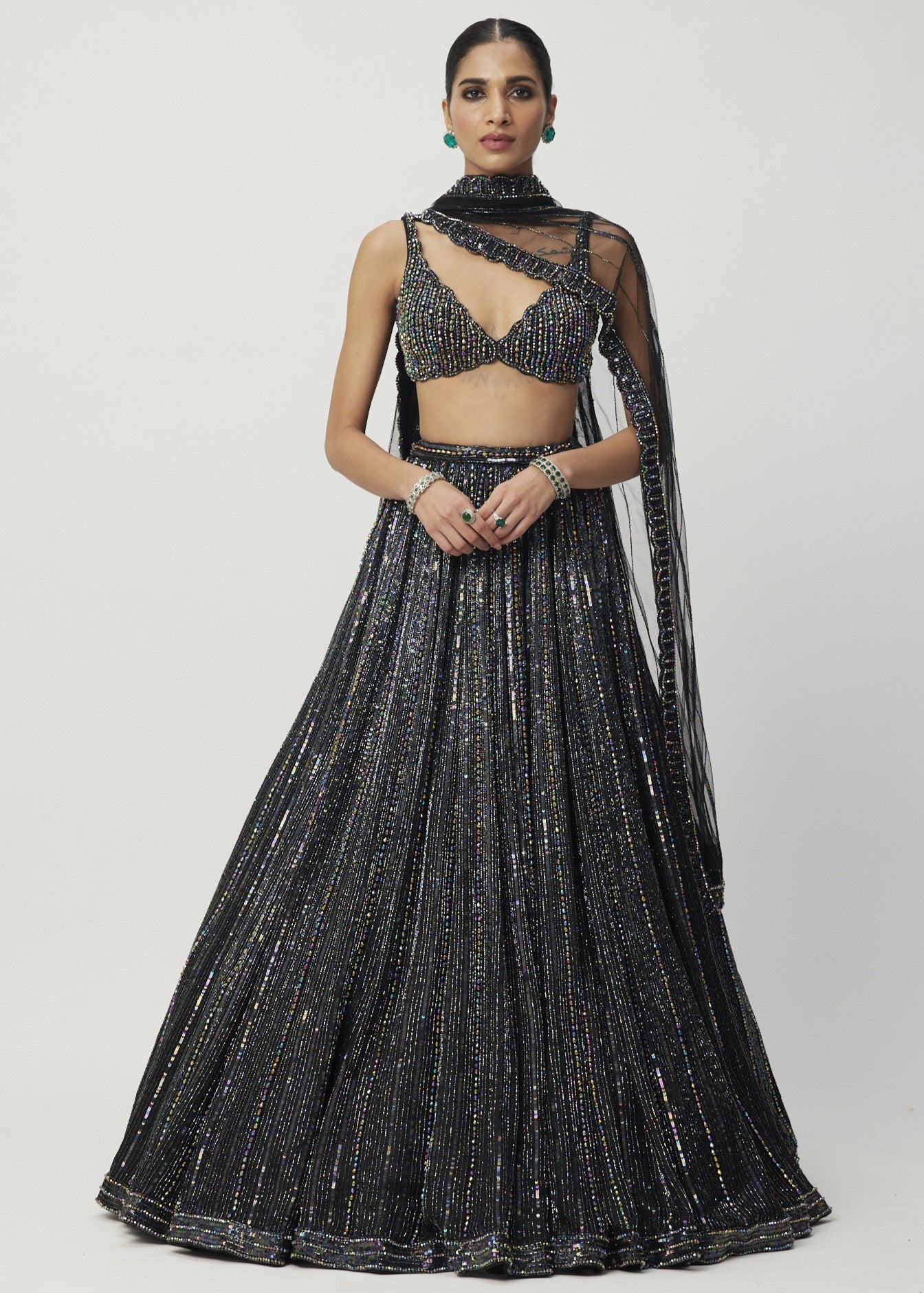 Black Crystal Linear Embroidered Lehenga Set