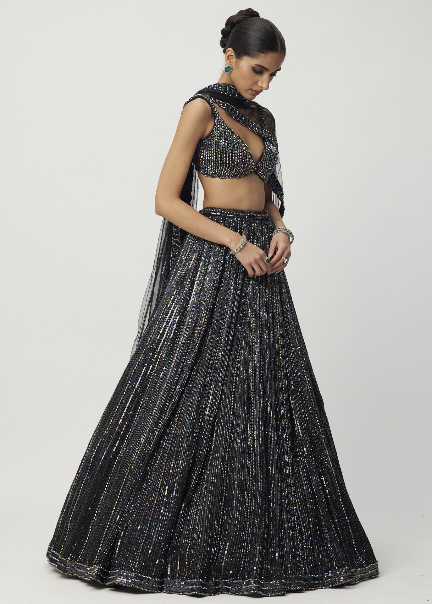 Black Crystal Linear Embroidered Lehenga Set