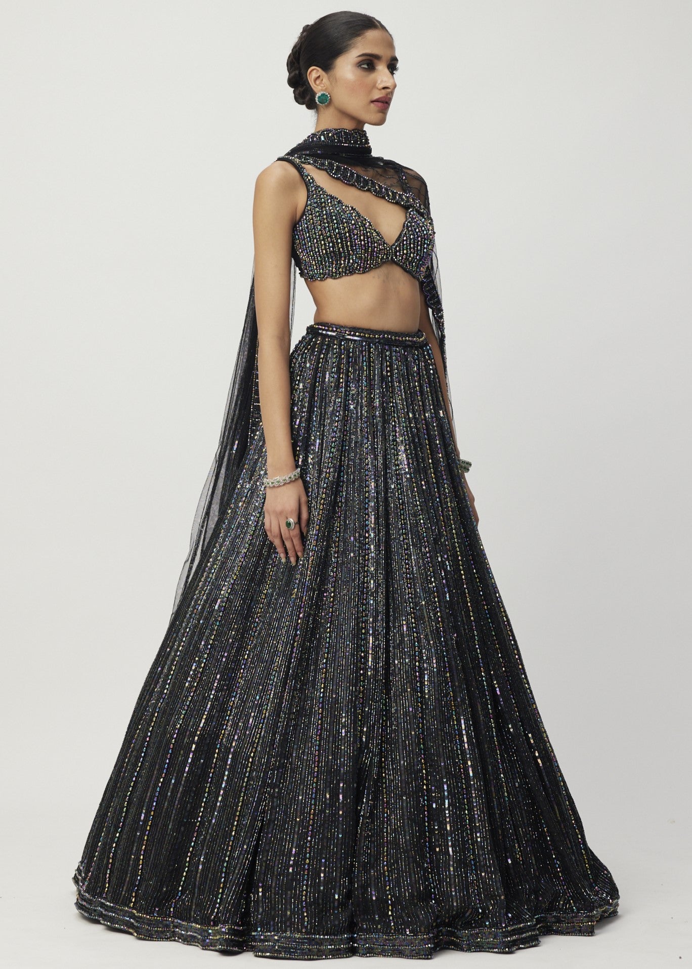 Black Crystal Linear Embroidered Lehenga Set