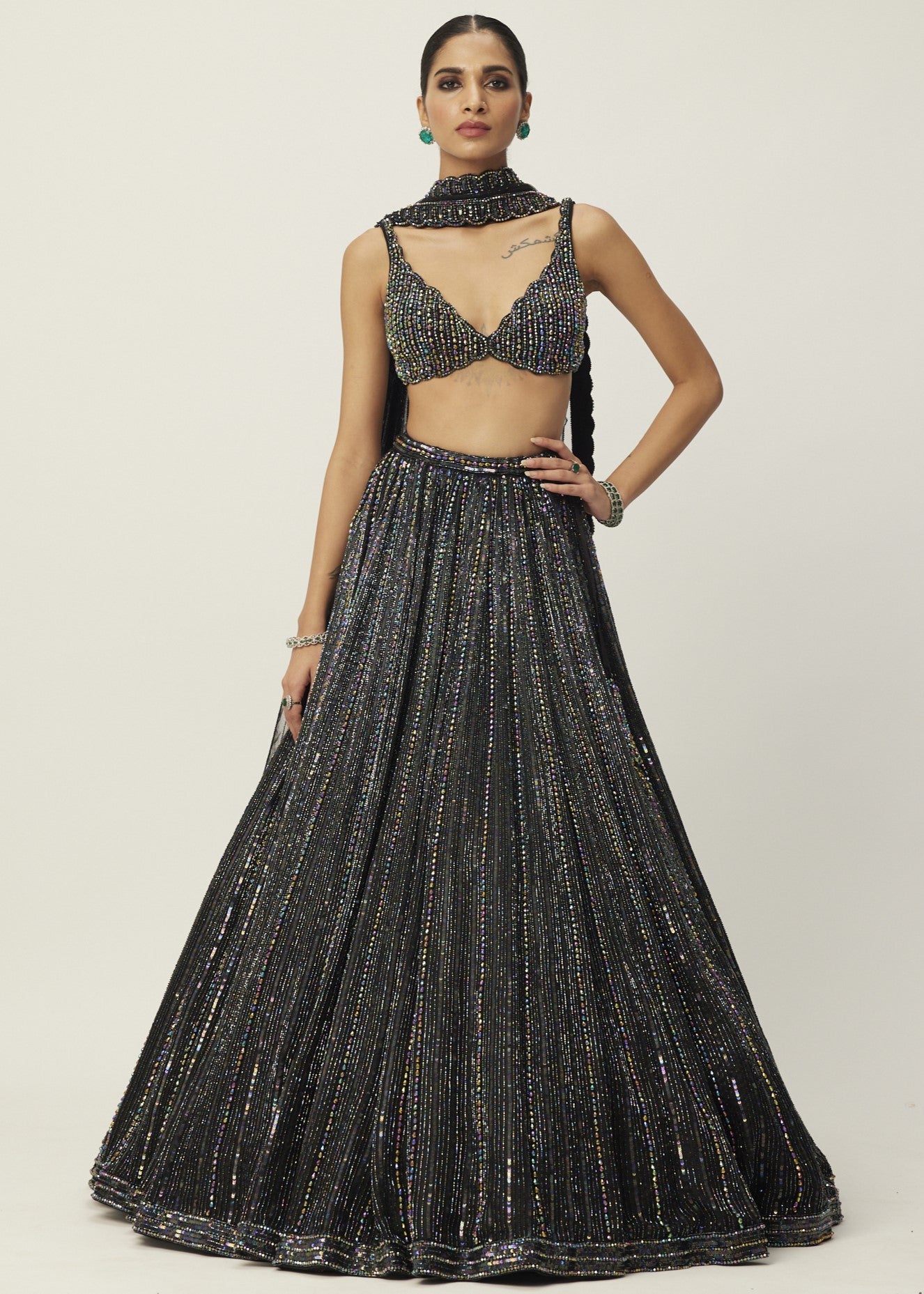 Black Crystal Linear Embroidered Lehenga Set