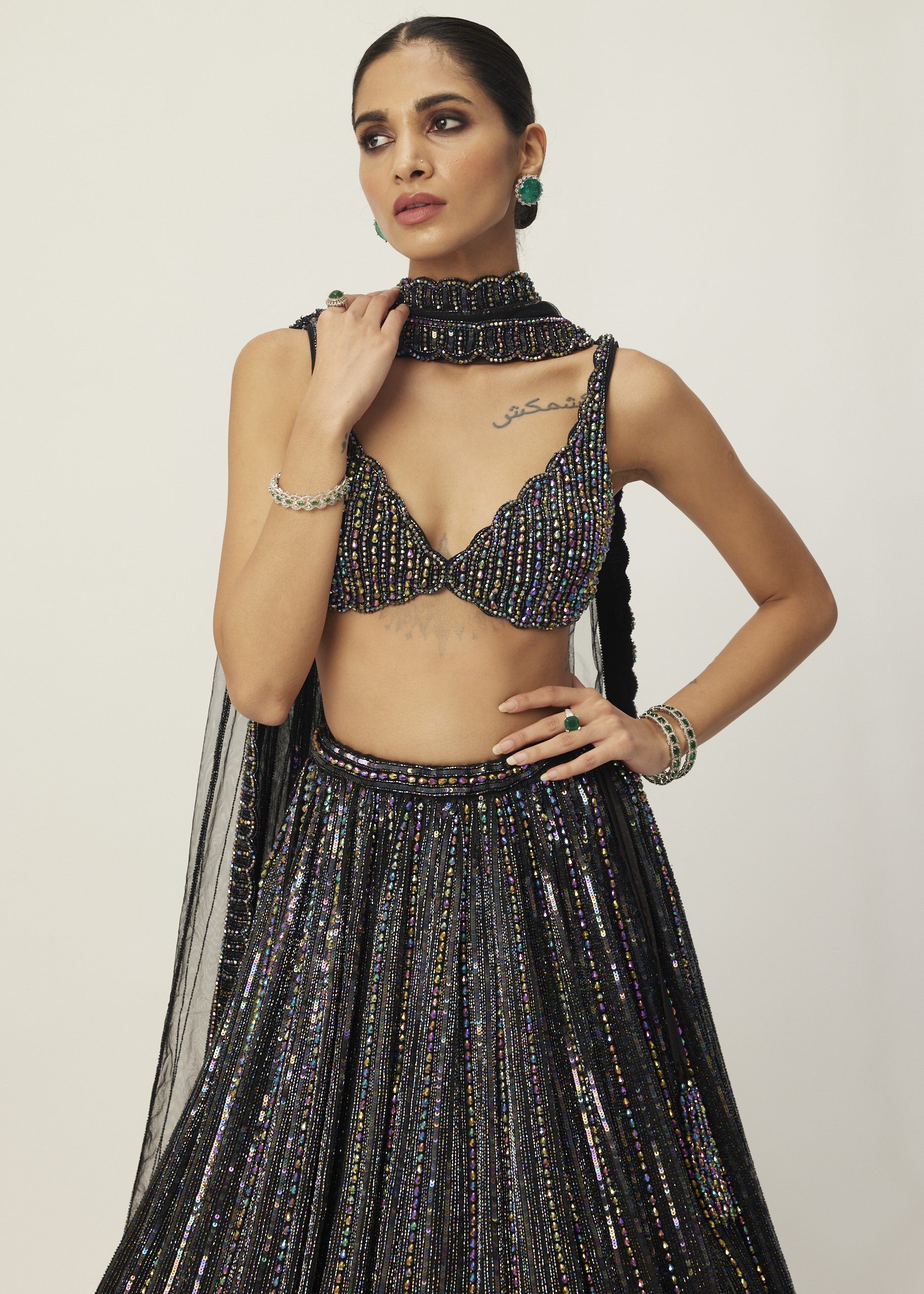 Black Crystal Linear Embroidered Lehenga Set
