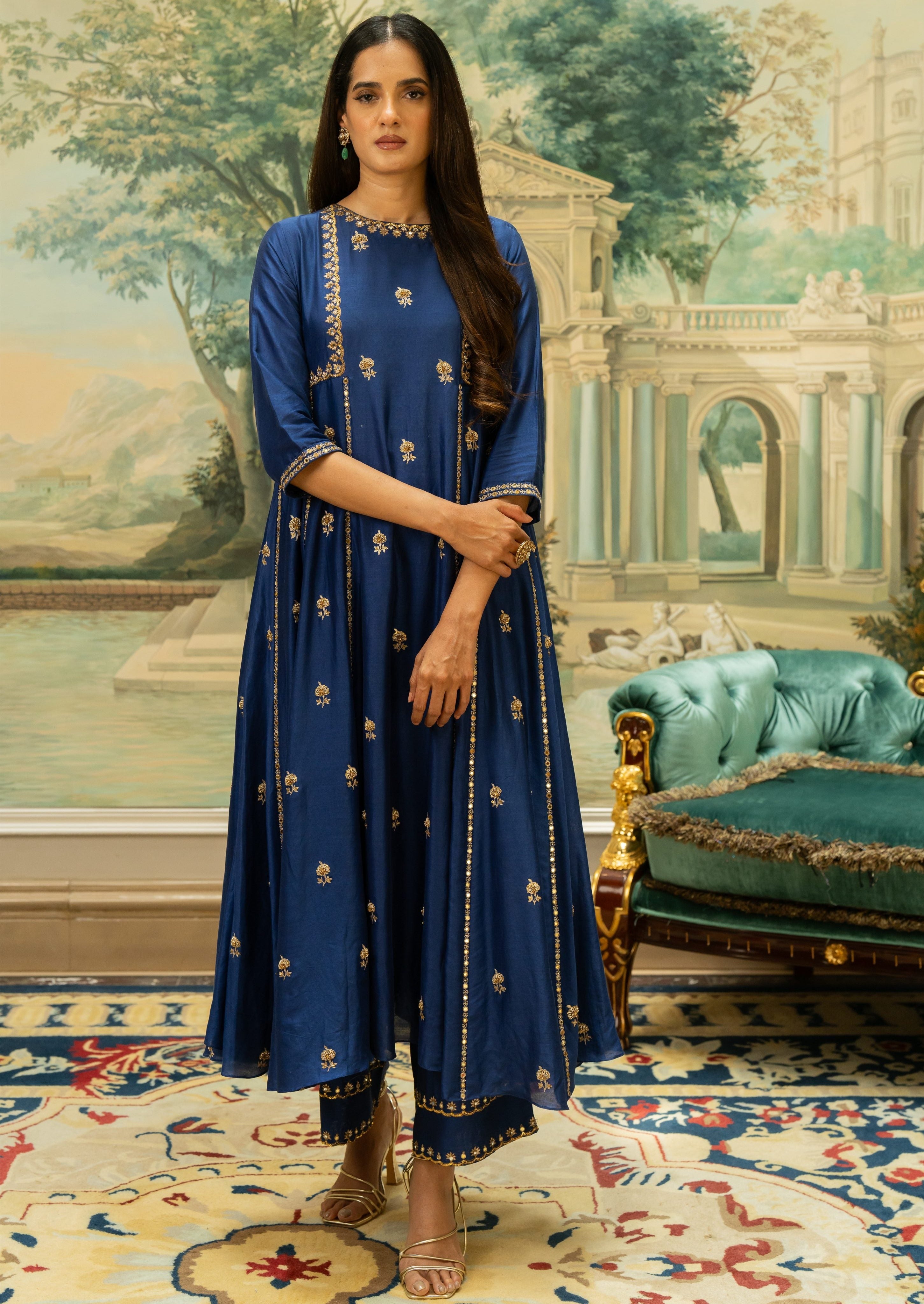 Electric Blue Butti Embroidered Kurta Set